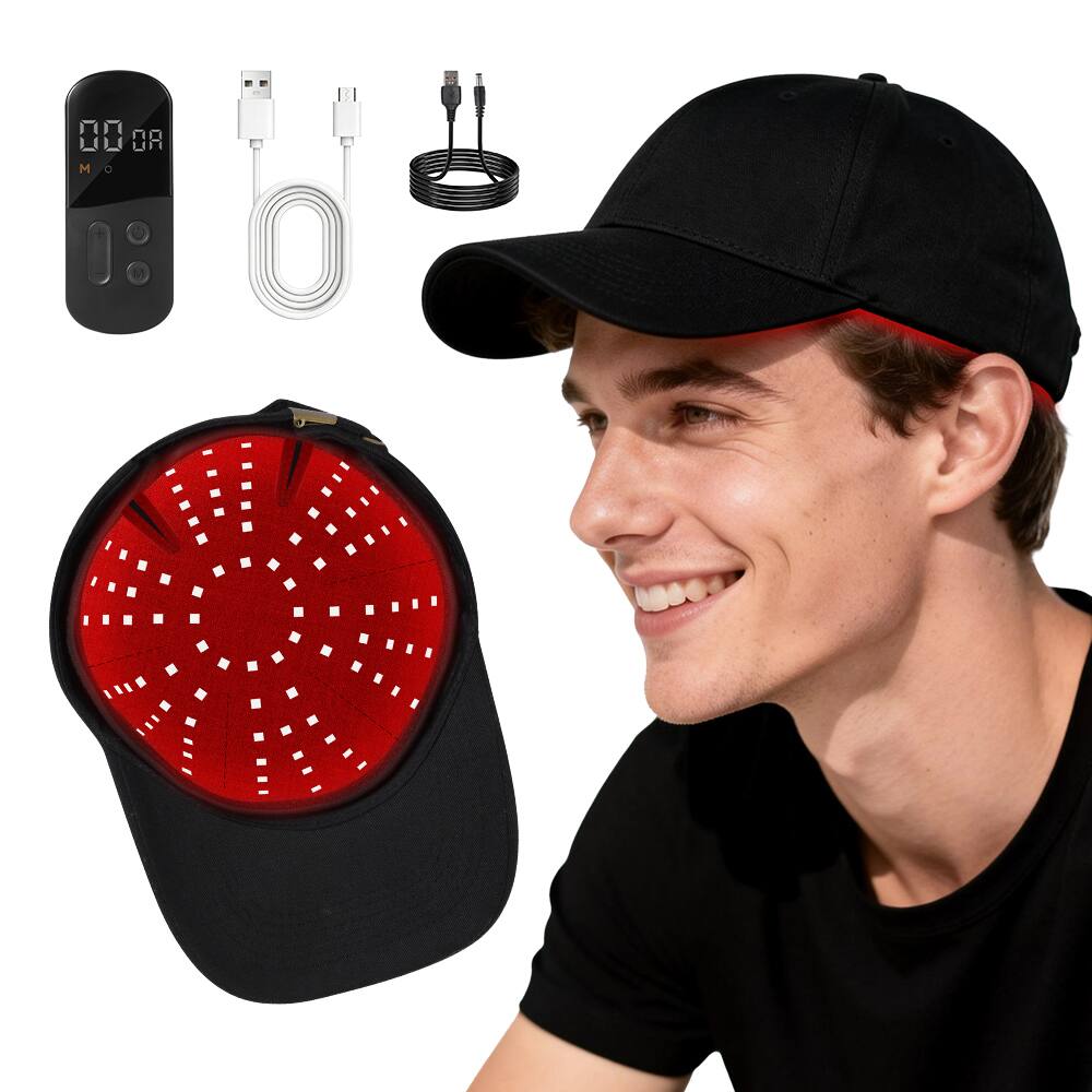 Alt View 1. Morfone - 96 LED Portable infrared therapy cap. Featuring 3 wavelengths—630nm, 850nm, and 940nm — to promote hair growth - Black.