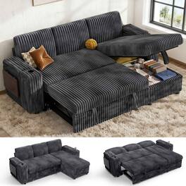 Dyonery - 85" Modular Sectional Sleeper Sofa with Pull Out Bed, 3 Seat L Shaped with Reclining Backrest,Corduroy Gray - Gray