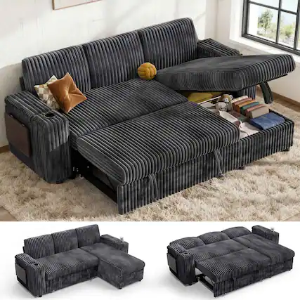 Front. Dyonery - Dyonery 85" Modular Sectional Sleeper Sofa with Pull Out Bed, 3 Seat L Shaped with Reclining Backrest,Corduroy Gray - Gray.