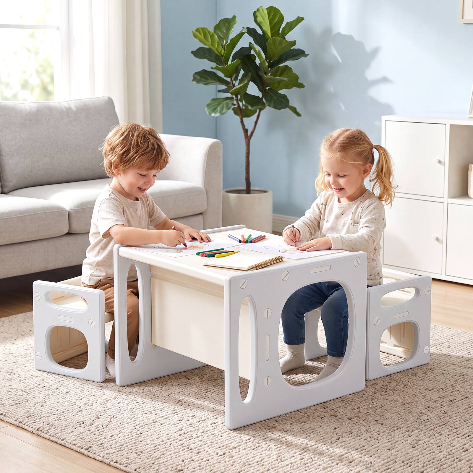 Alt View 1. Costway - Costway Versatile Kids Table & Chairs Set, Convertible Desk & 2 Chairs Set for Playroom - White + Gray.