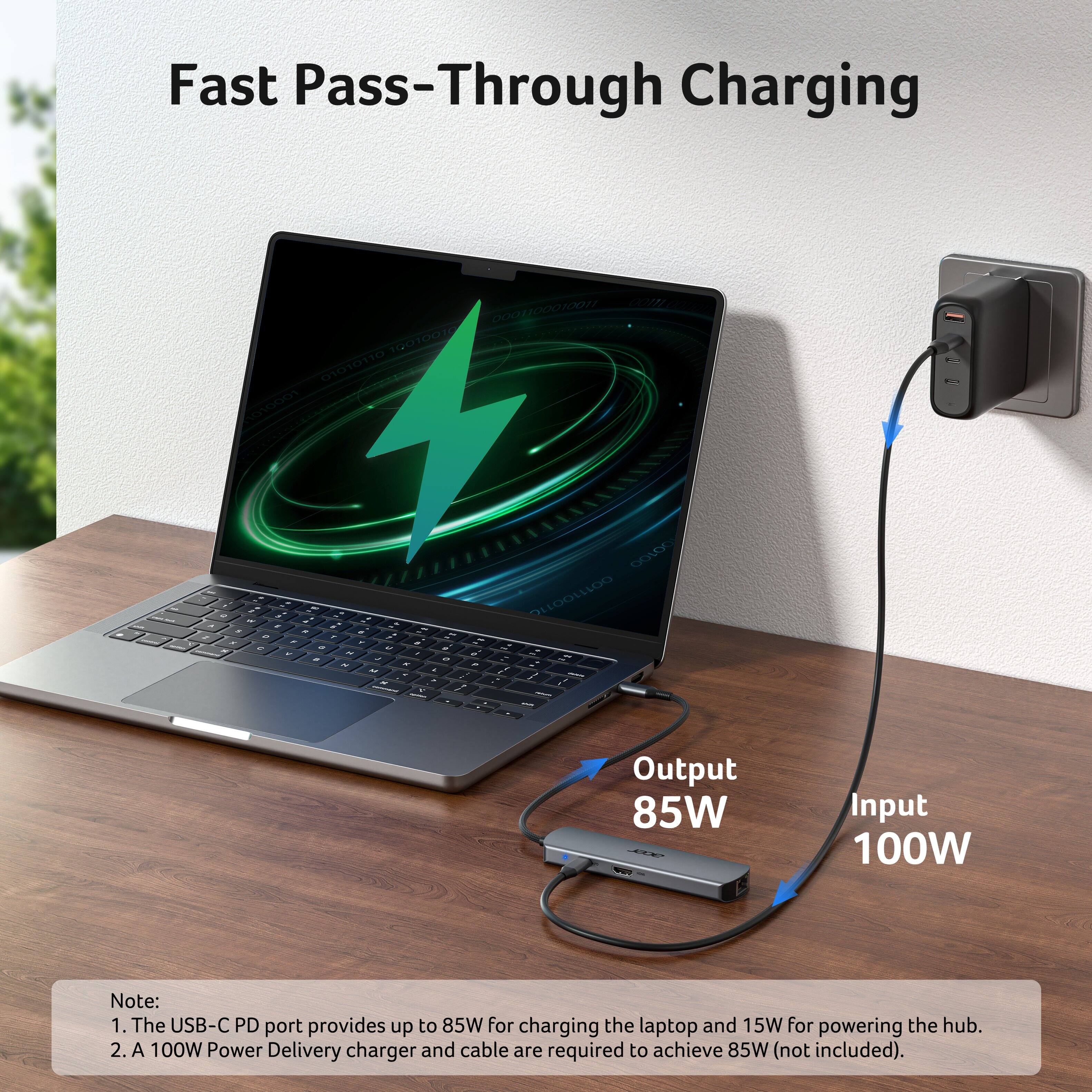 Fast Pass-Through Charging

Output 85W
Input 100W

Note:
1. The USB-C PD port provides up to 85W for charging the laptop and 15W for powering the hub.
2. A 100W Power Delivery charger and cable are required to achieve 85W (not included).