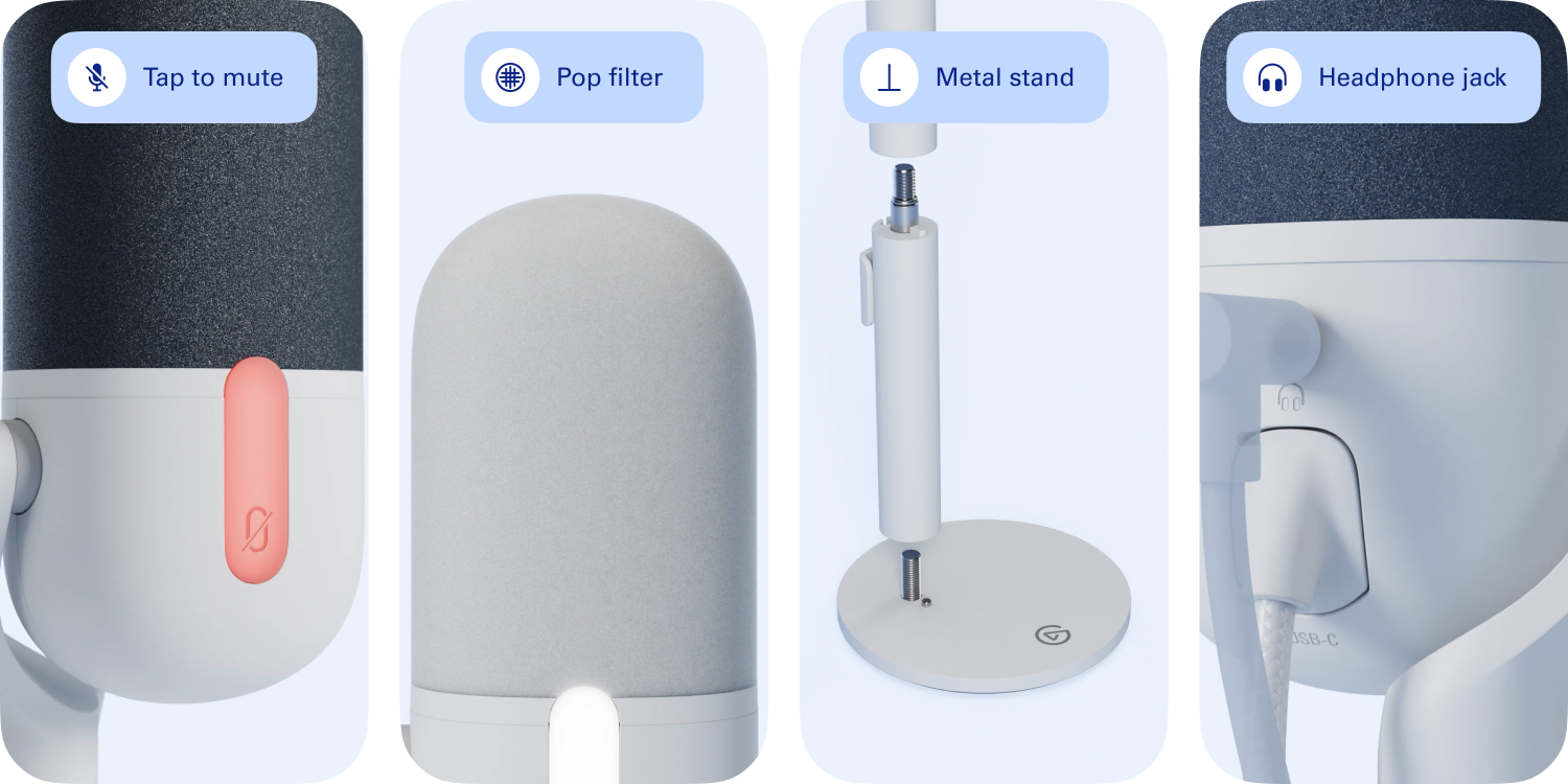 Group: Tap to mute, Pop filter, Metal stand, Headphone jack, D, SB-C.