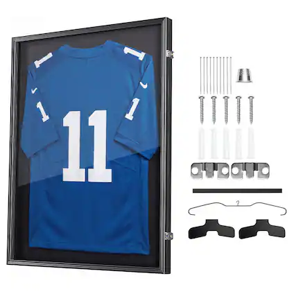 Front. VEVOR - Jersey Frame Display Case, 36.4 x 28.3 x 1.5 in, Wooden Sport Jersey Shadow Box with 98% UV Protection PC Panel - Black.