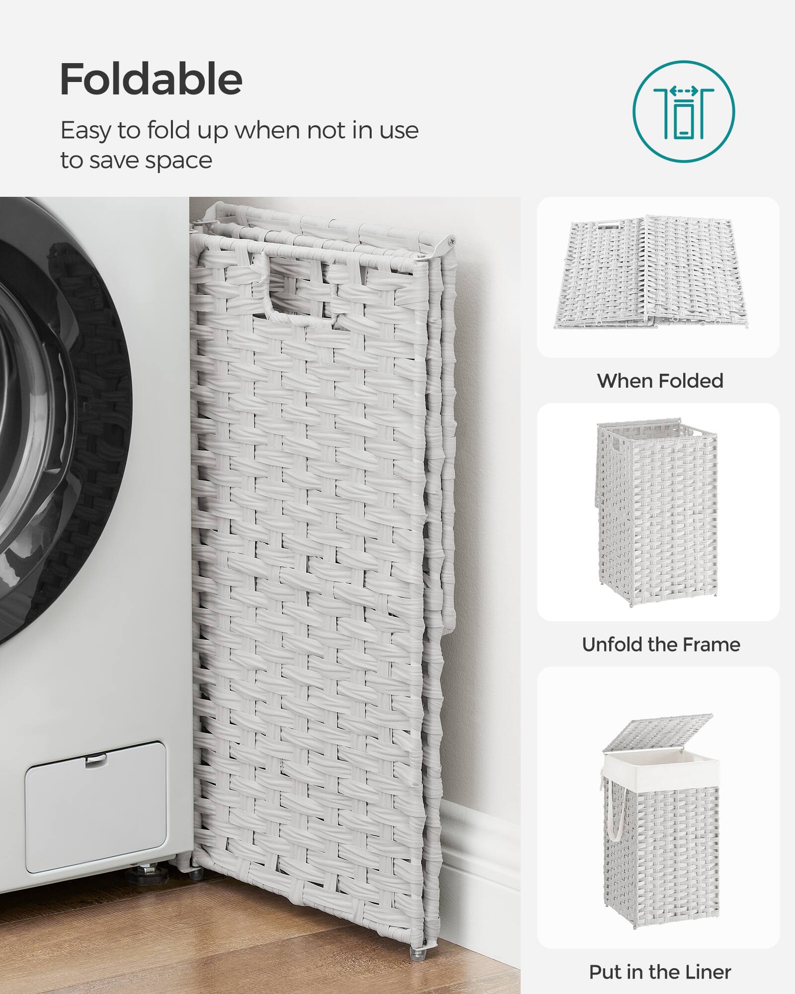 Foldable

Easy to fold up when not in use to save space

When Folded

Unfold the Frame

Put in the Liner