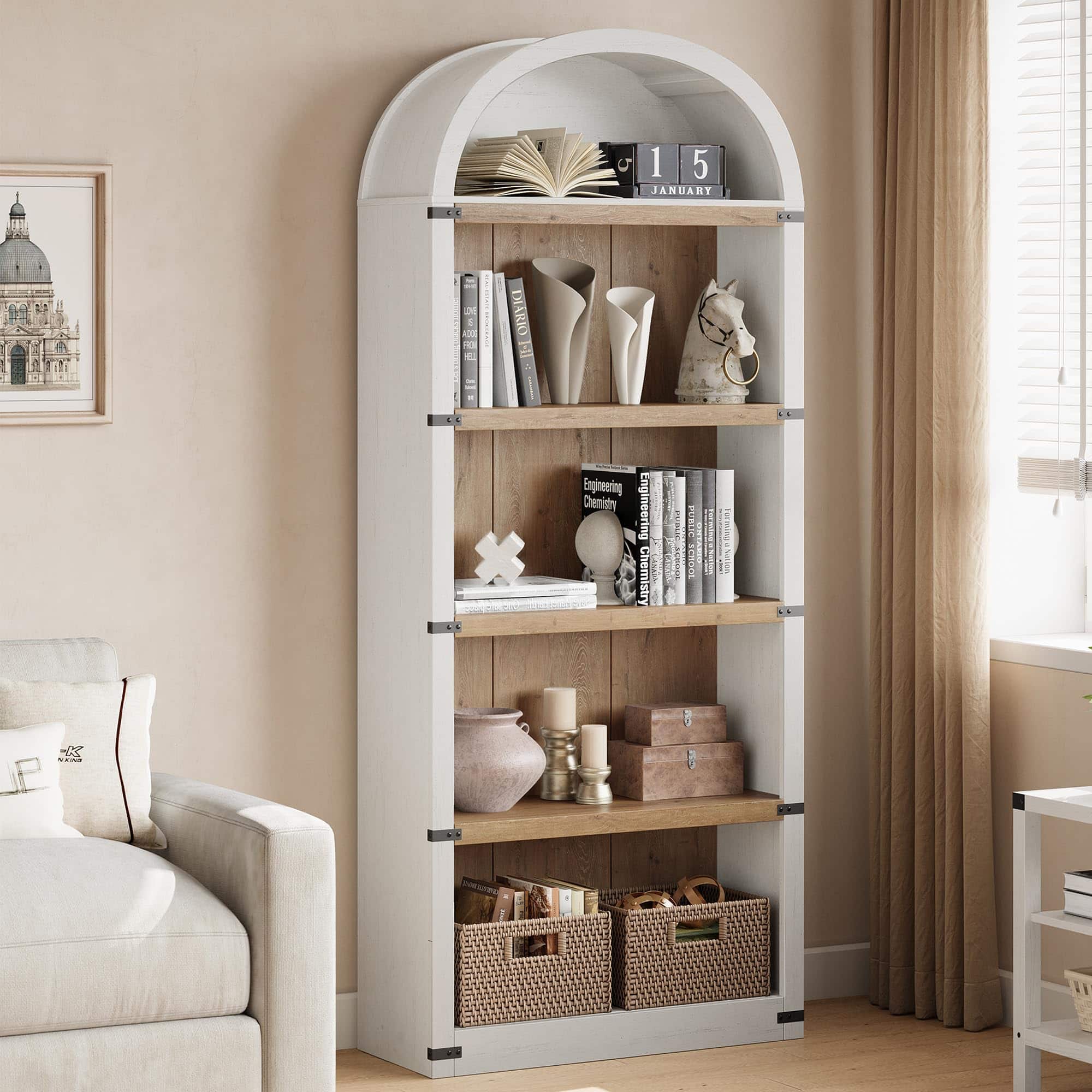 Babevy - 71.65" Tall Arched Bookcase, 5 Shelf Farmhouse Display Storage Rack Wooden Bookshelf for Home Office - White