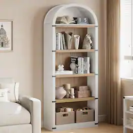 Acekool - Bookcase 5 Shelf Arched Bookshelf 71.65in Tall Bookcase Farmhouse Display Storage Rack Wooden Bookshelve for Home Office - White