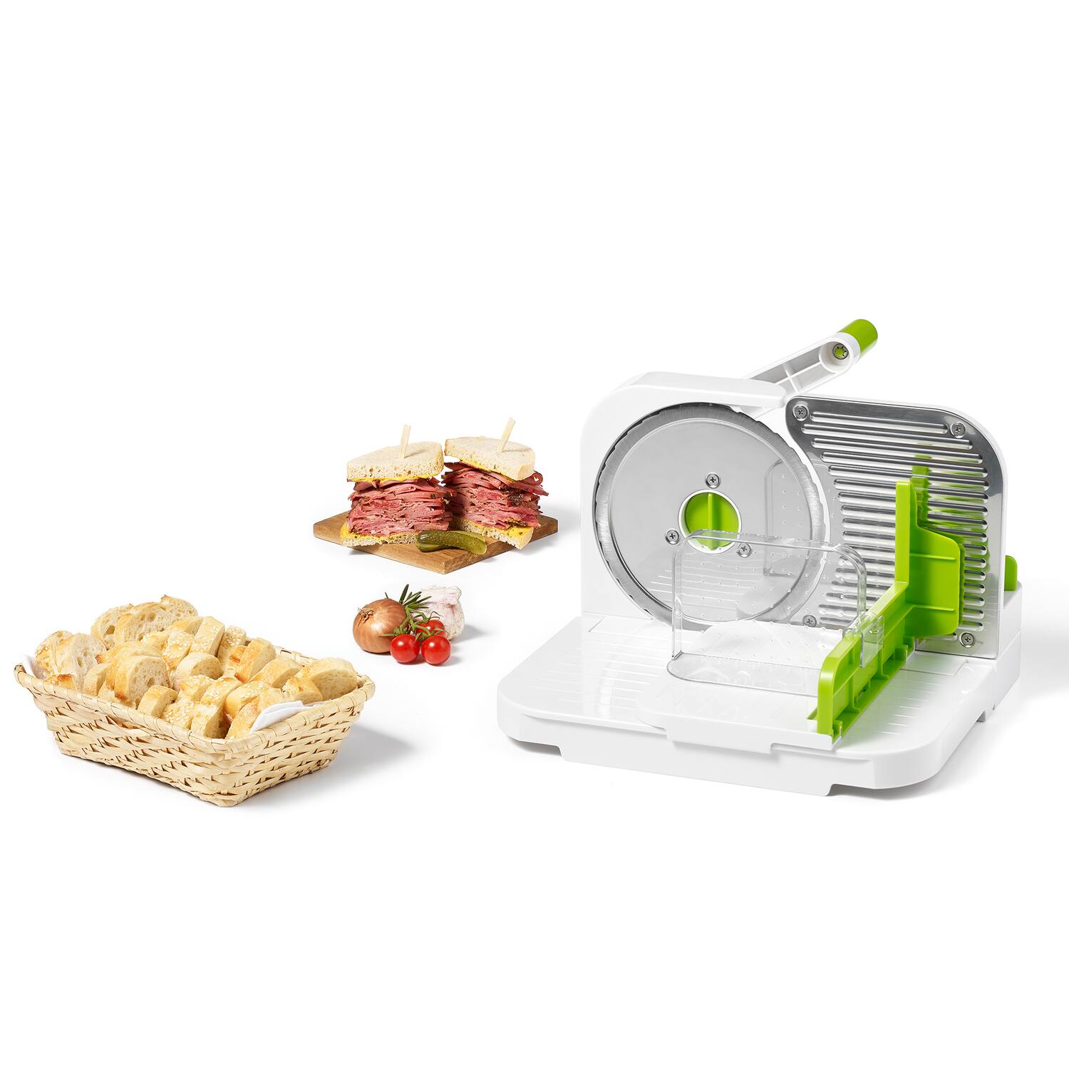 Angle. Starfrit - Deli Slicer 6.5" Stainless Steel Blade - White/Green.