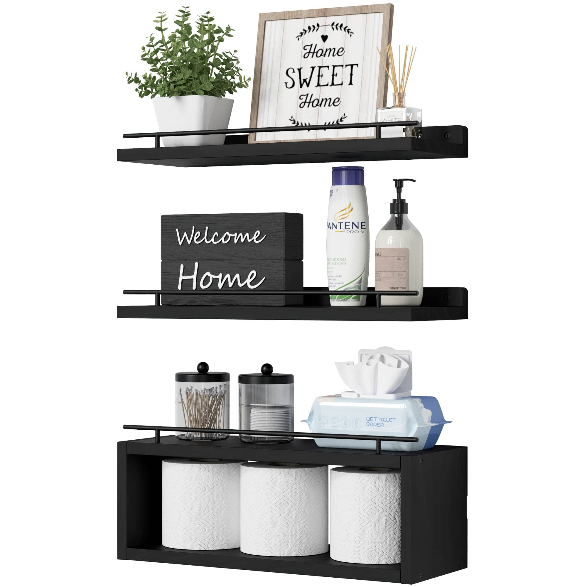 Dazzed Corner - Floating Wall Shelves with Cube Shelf & Metal Rail, Set of 3 Bathroom Shelves - Black
