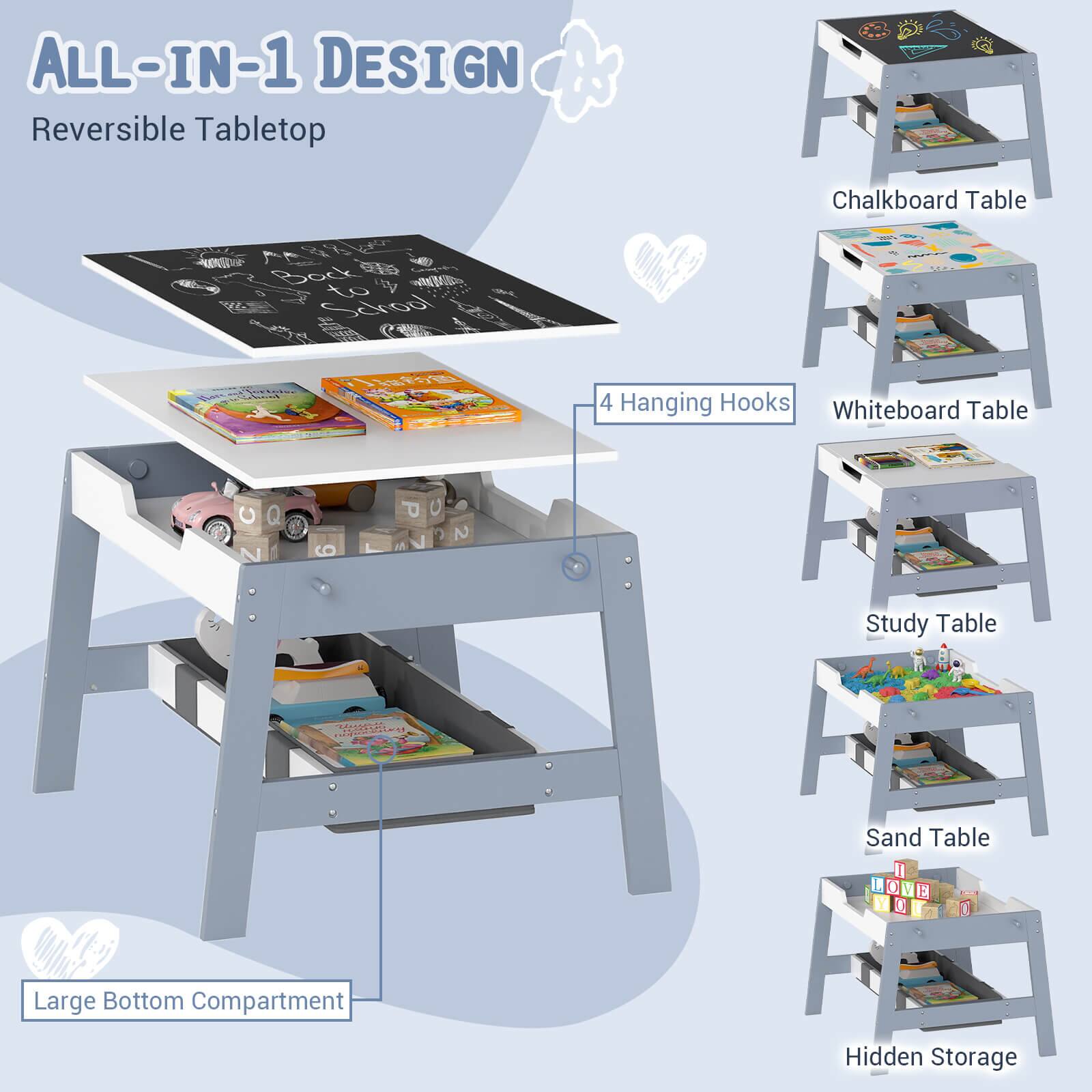 ALL-IN-1 DESIGN  
Reversible Tabletop  
Chalkboard Table  
Whiteboard Table  
Study Table  
Sand Table  
Hidden Storage  

4 Hanging Hooks  
Large Bottom Compartment