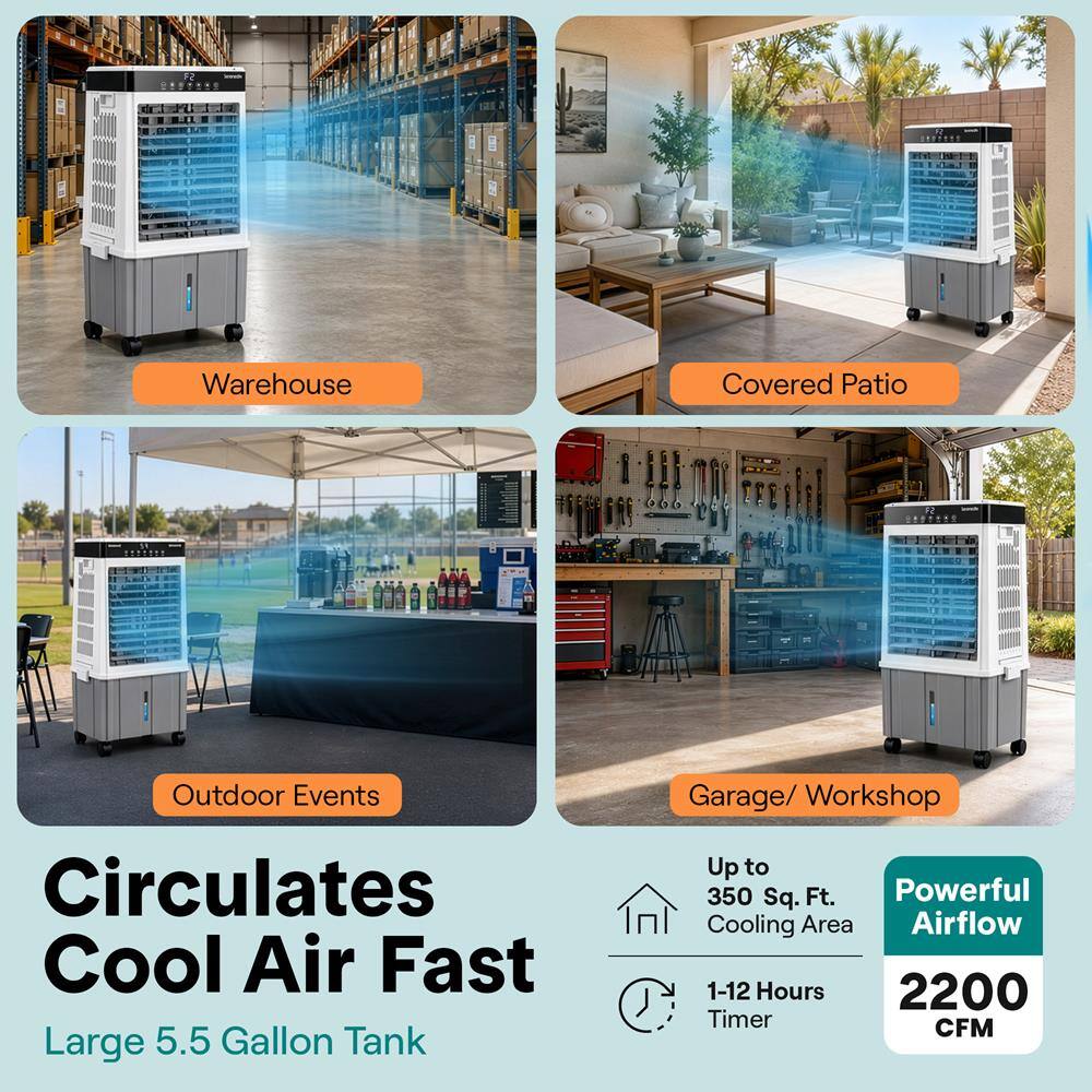 Warehouse Covered Patio Outdoor Events Circulates Cool Air Fast Large 5.5 Gallon Tank Garage/ Workshop Up to 350 Sq. Ft. Powerful Cooling Area Airflow 1-12 Hours 2200 Timer CFM