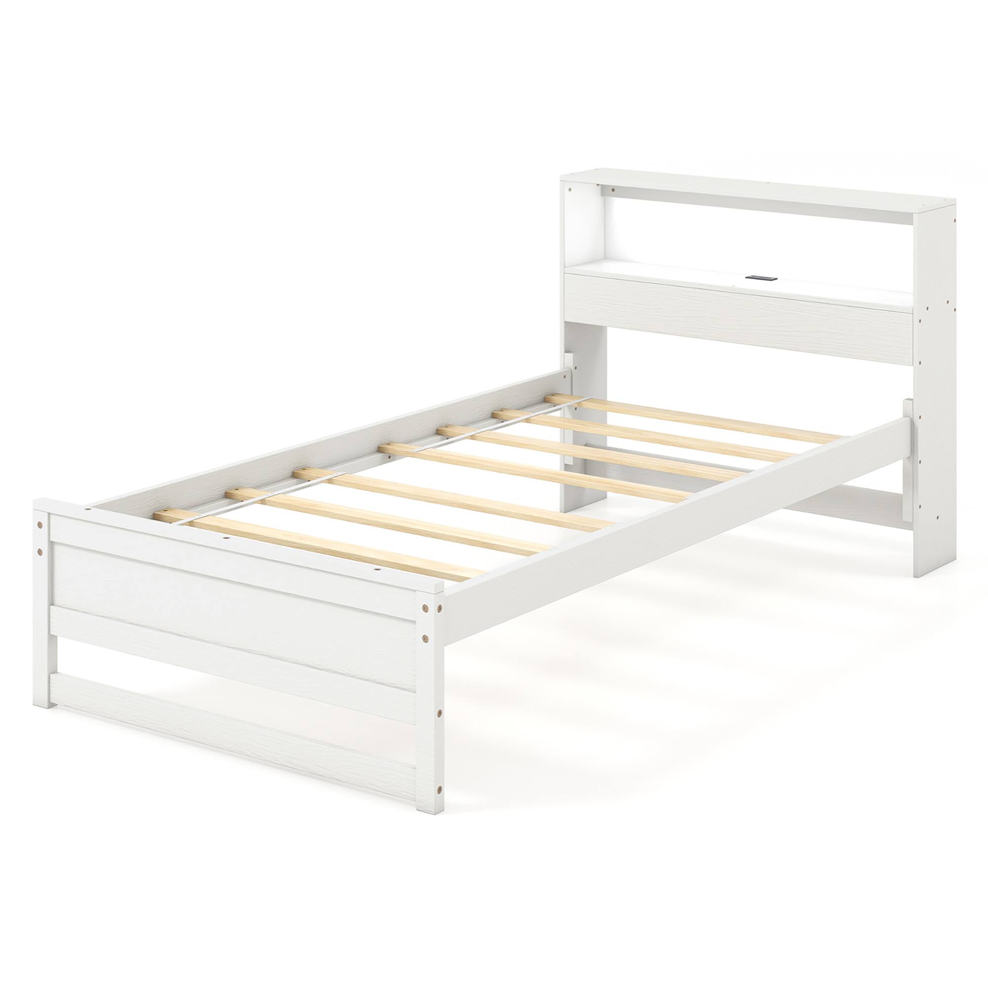 Alt View 1. Gymax - Gymax Twin Size Wooden Bed Frame w/ Charging Station & LED Light Storage Headboard White - White.