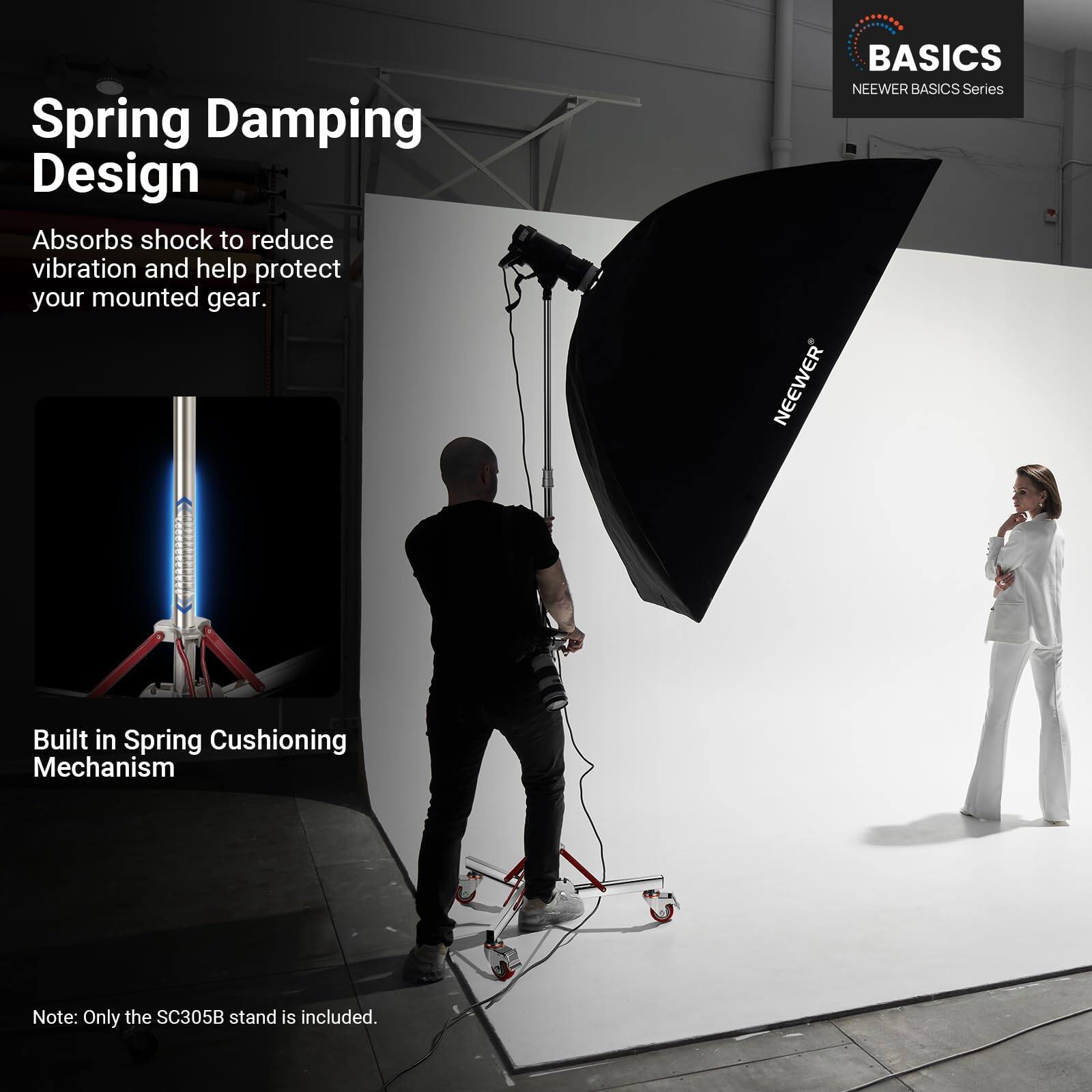 Spring Damping Design  
Absorbs shock to reduce vibration and help protect your mounted gear.

BASICS  
NEEWER BASICS Series

Built in Spring Cushioning Mechanism

Note: Only the SC305B stand is included.