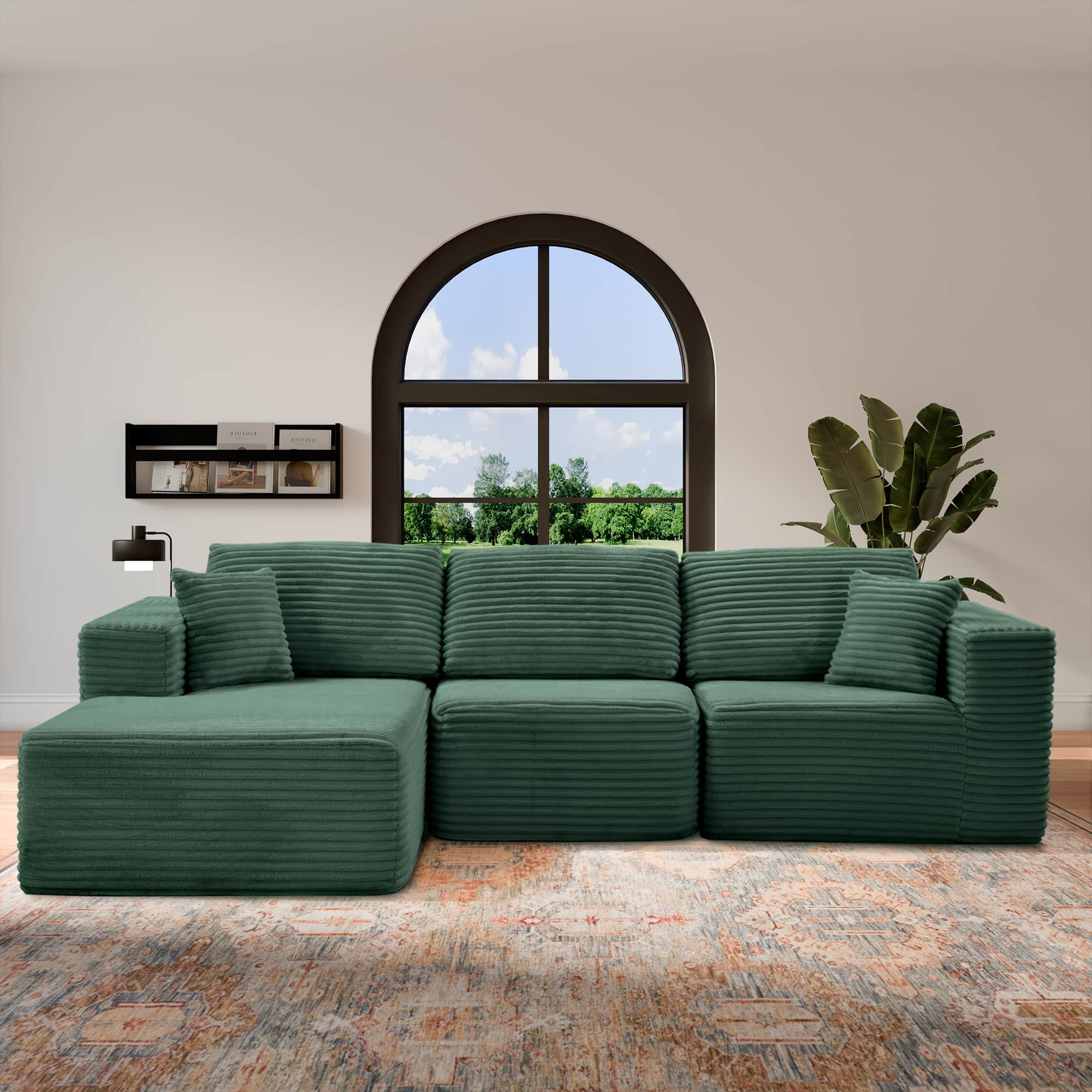 PexFix - 104" Wide Ribbed Velvet L-Shaped Sectional Sofa, Modular Couch with Chaise and Comfort Foam - Green