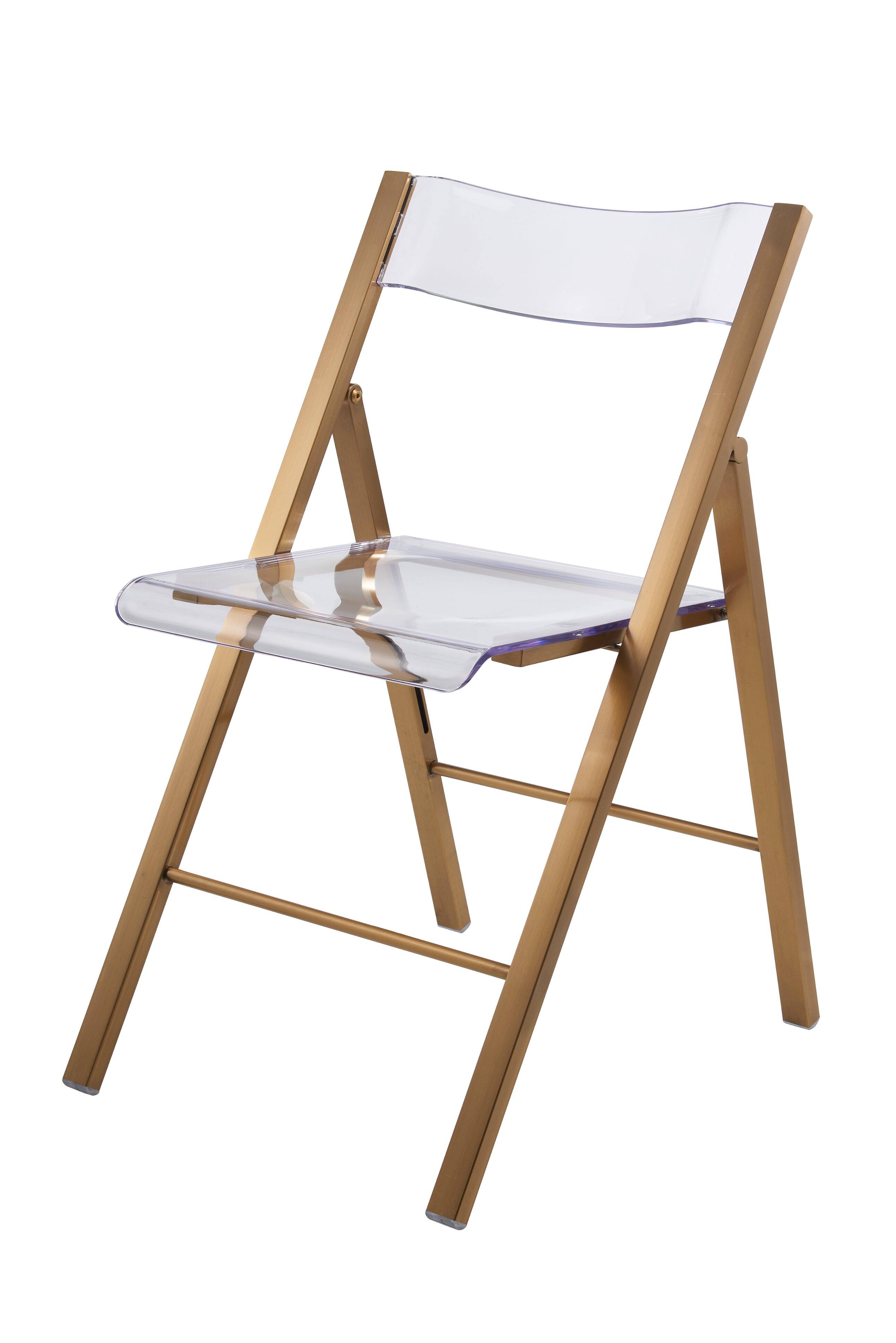 Angle. LeisureMod - Menno Brushed Gold Acrylic Folding Dining Chair with Waterfall Seat & Stainless Steel Frame - Set of 2.