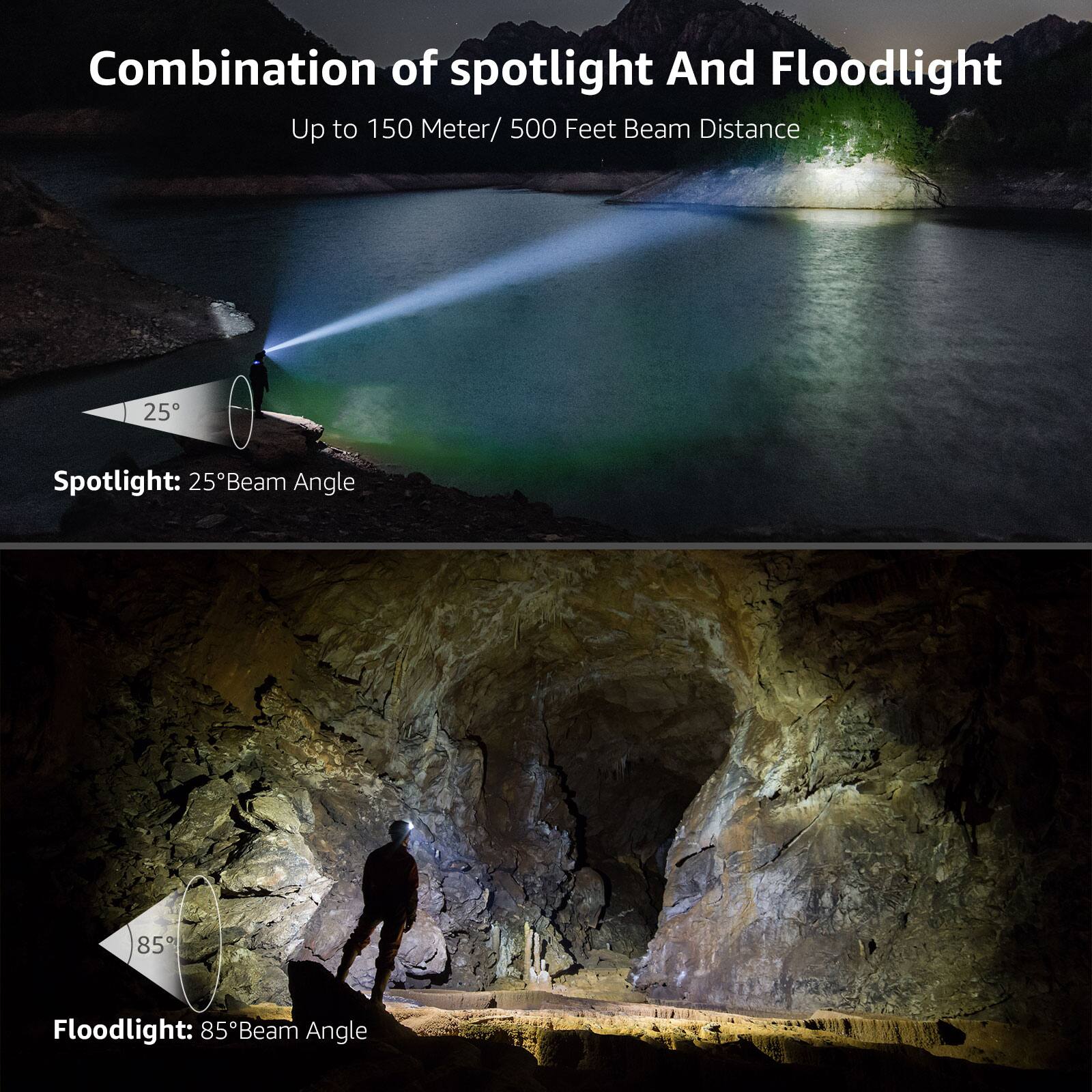 Combination of spotlight and floodlight: Up to 150 meter/500 feet beam distance. 25 spotlight: 25 beam angle. 85 floodlight: 85 beam angle.