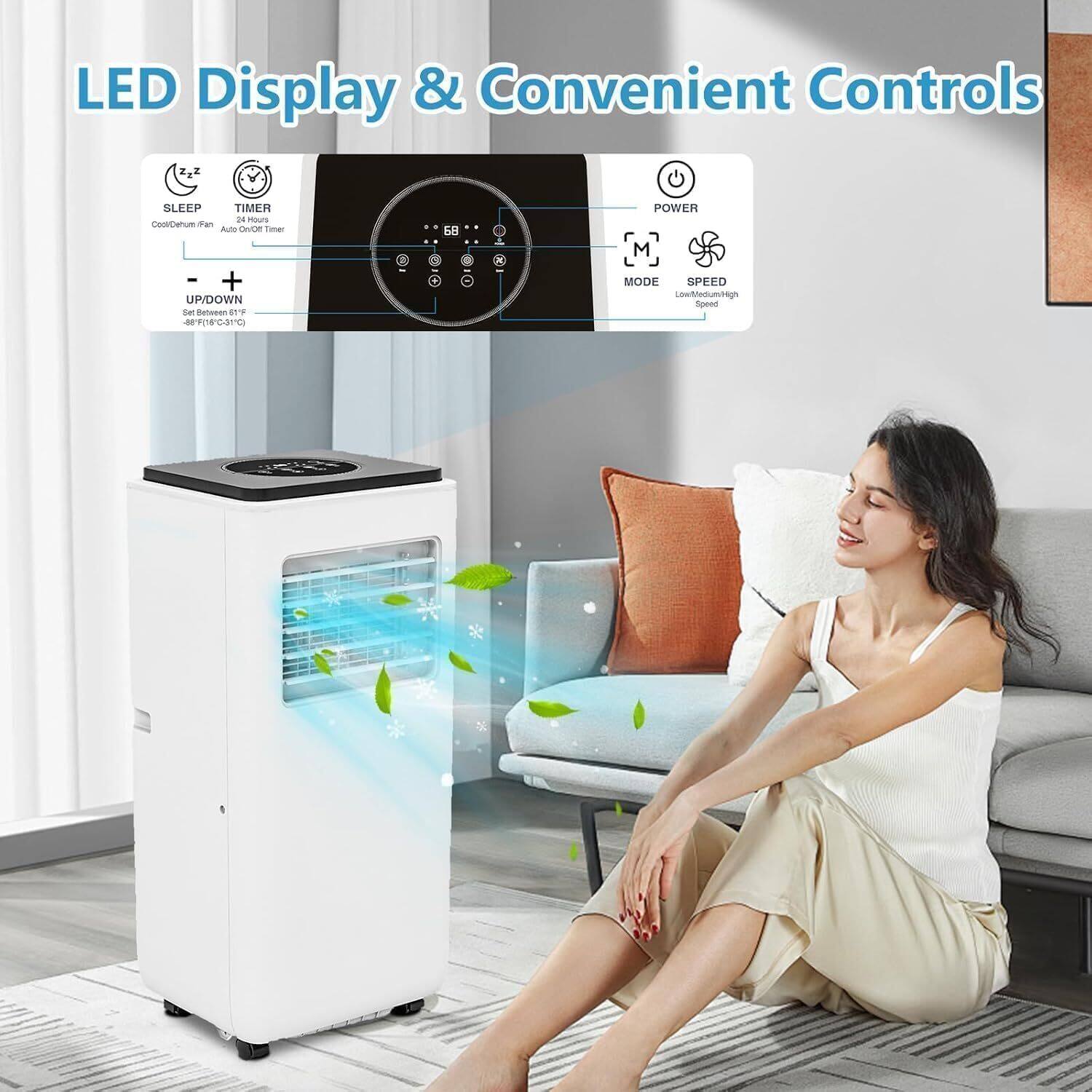 LED Display & Convenient Controls

- SLEEP
- TIMER
- UP/DOWN
- POWER
- MODE
- SPEED

Set Between 61°F - 91°F (16°C - 33°C)

Cool/Dehumidify Mode
Auto On/Off Timer

Low/Medium/High Speed