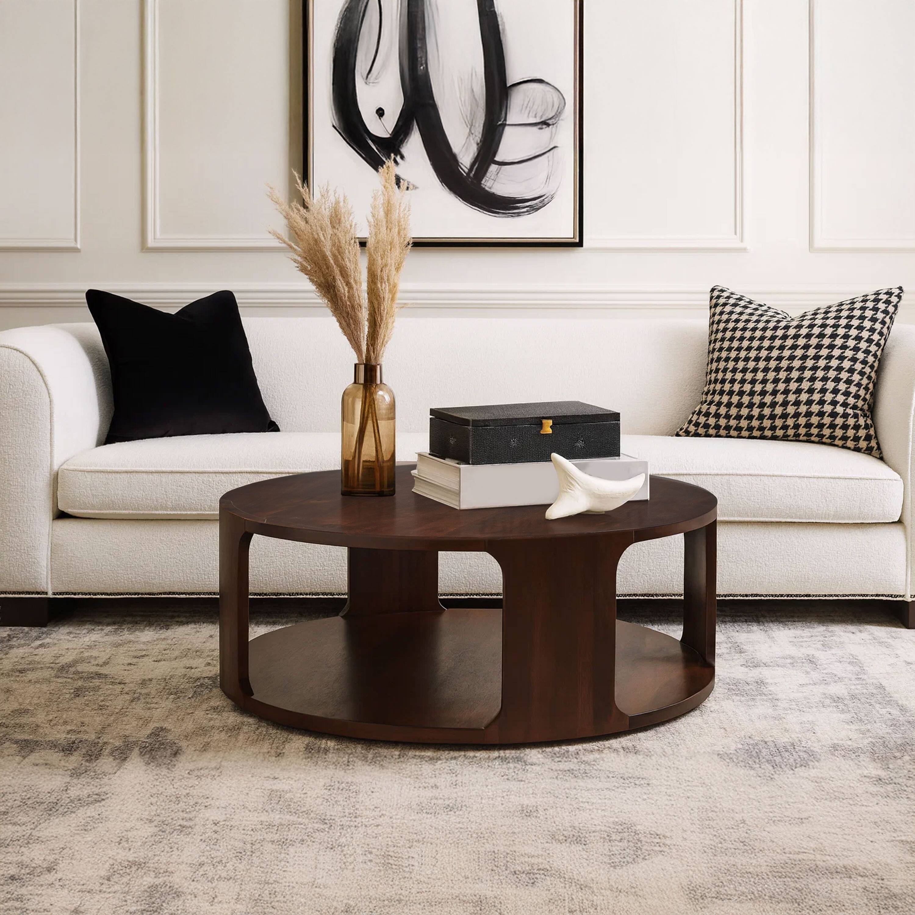 Alt View 4. Manhattan Lane - Bard Coffee Table, 38 Inch Round Top with Shelf, Walnut Brown Mango Wood Sculptural Frame - Brown.