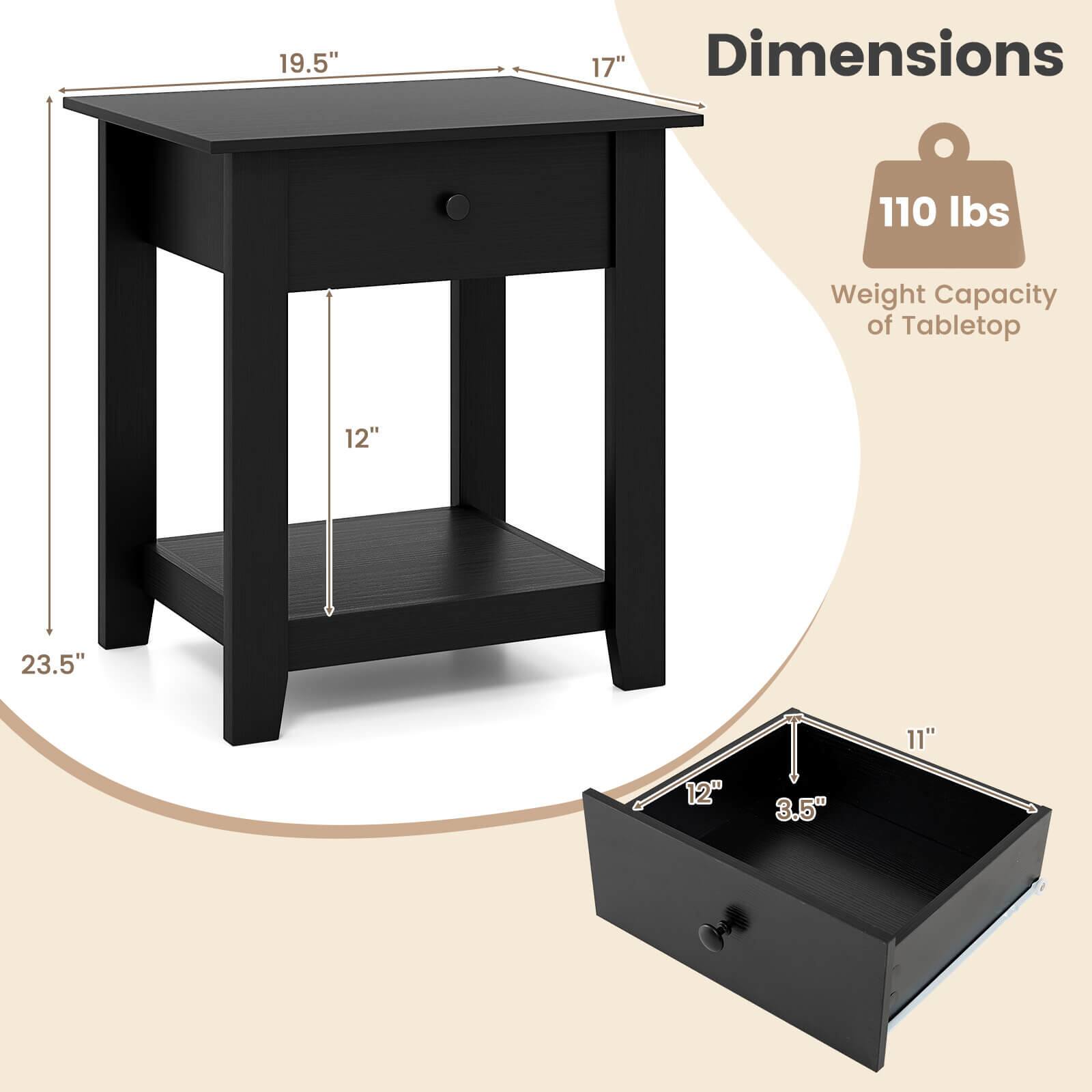 - Dimensions: 19.5" x 17" x 23.5"
- Weight Capacity of Tabletop: 110 lbs
- Drawer Dimensions: 12" x 11" x 3.5"