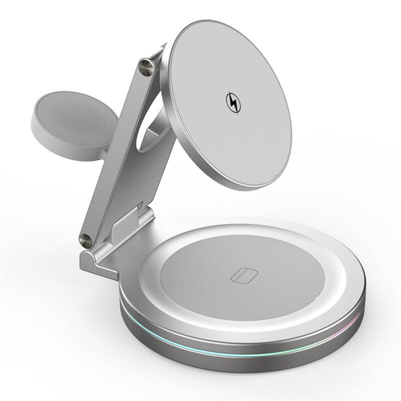 Front. RISOKEYS - 360° Rotating Wireless Charger - Power Adapter, Metal Folding 3-in-1 Stand with Magnetic Fast Charging.