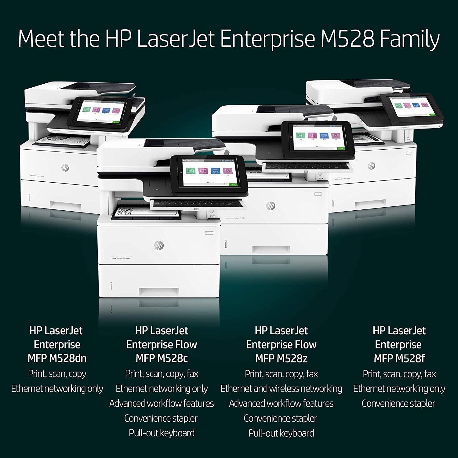 Meet the HP LaserJet Enterprise M528 Family

- HP LaserJet Enterprise MFP M528dn
  - Print, scan, copy
  - Ethernet networking only

- HP LaserJet Enterprise Flow MFP M528c
  - Print, scan, copy, fax
  - Ethernet networking only
  - Advanced workflow features
  - Convenience stapler
  - Pull-out keyboard

- HP LaserJet Enterprise Flow MFP M528z
  - Print, scan, copy, fax
  - Ethernet and wireless networking
  - Advanced workflow features
  - Convenience stapler
  - Pull-out keyboard

- HP LaserJet Enterprise MFP M528f
  - Print, scan, copy, fax
  - Ethernet networking only
  - Convenience stapler