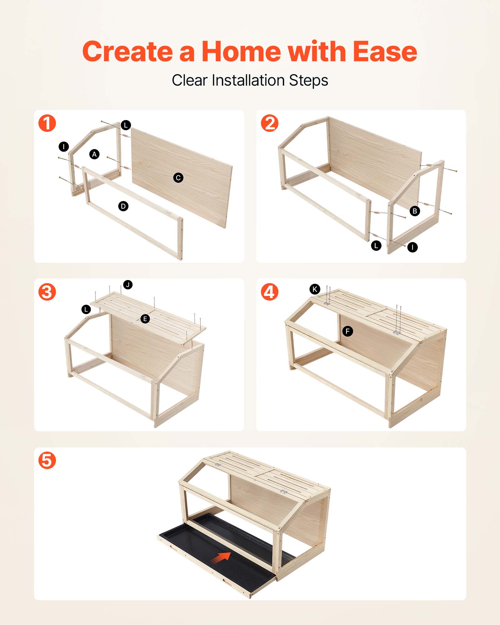 Create a Home with Ease  
Clear Installation Steps  
1. L, I, A, C, D, B, L, I  
2. L, J, E  
3. K, F
