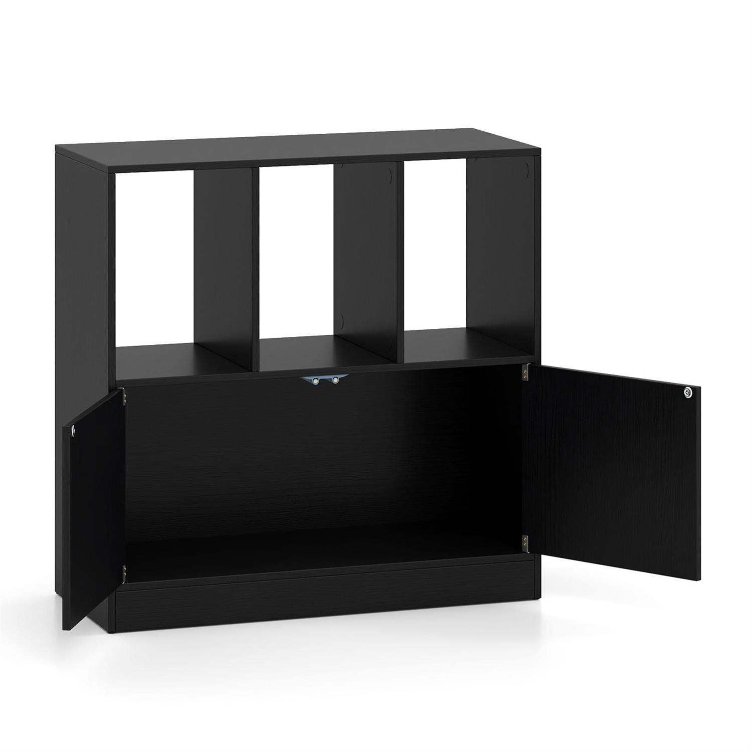Left. Pefilos - 3-Cube Bookcase with Doors, 3-Tier Cubic Bookshelf with Open Compartments and Cabinet, Storage for Home Office, Black - Black.
