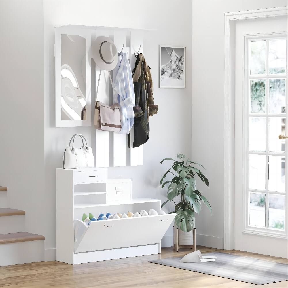 Left. Loheer - Loheer Modern Entryway Combination Cabinet Matte White Shoe Cabinet with Mirror - Matte White.