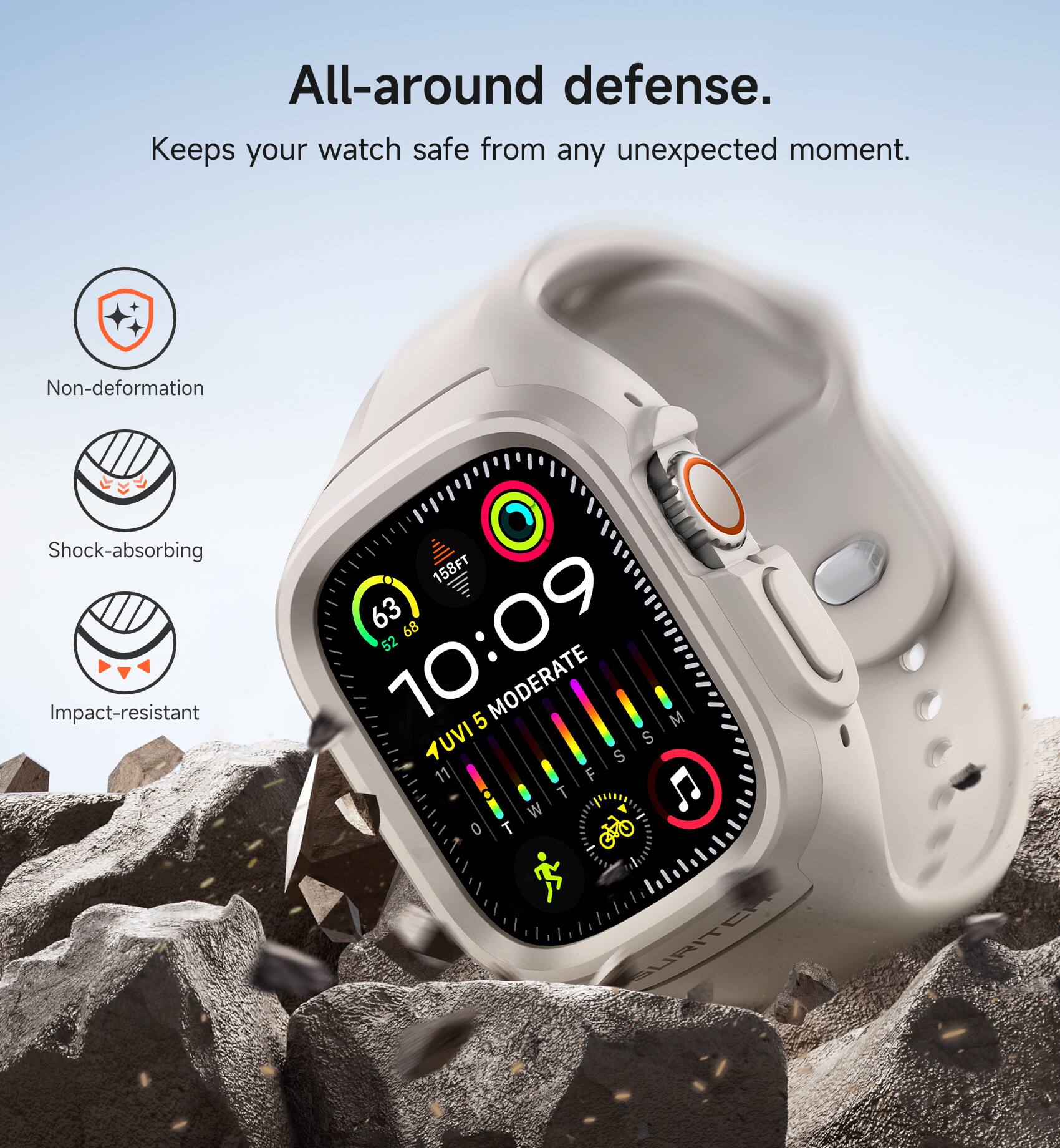 All-around defense. Keeps your watch safe from any unexpected moment. Non-deformation Shock-absorbing Impact-resistant