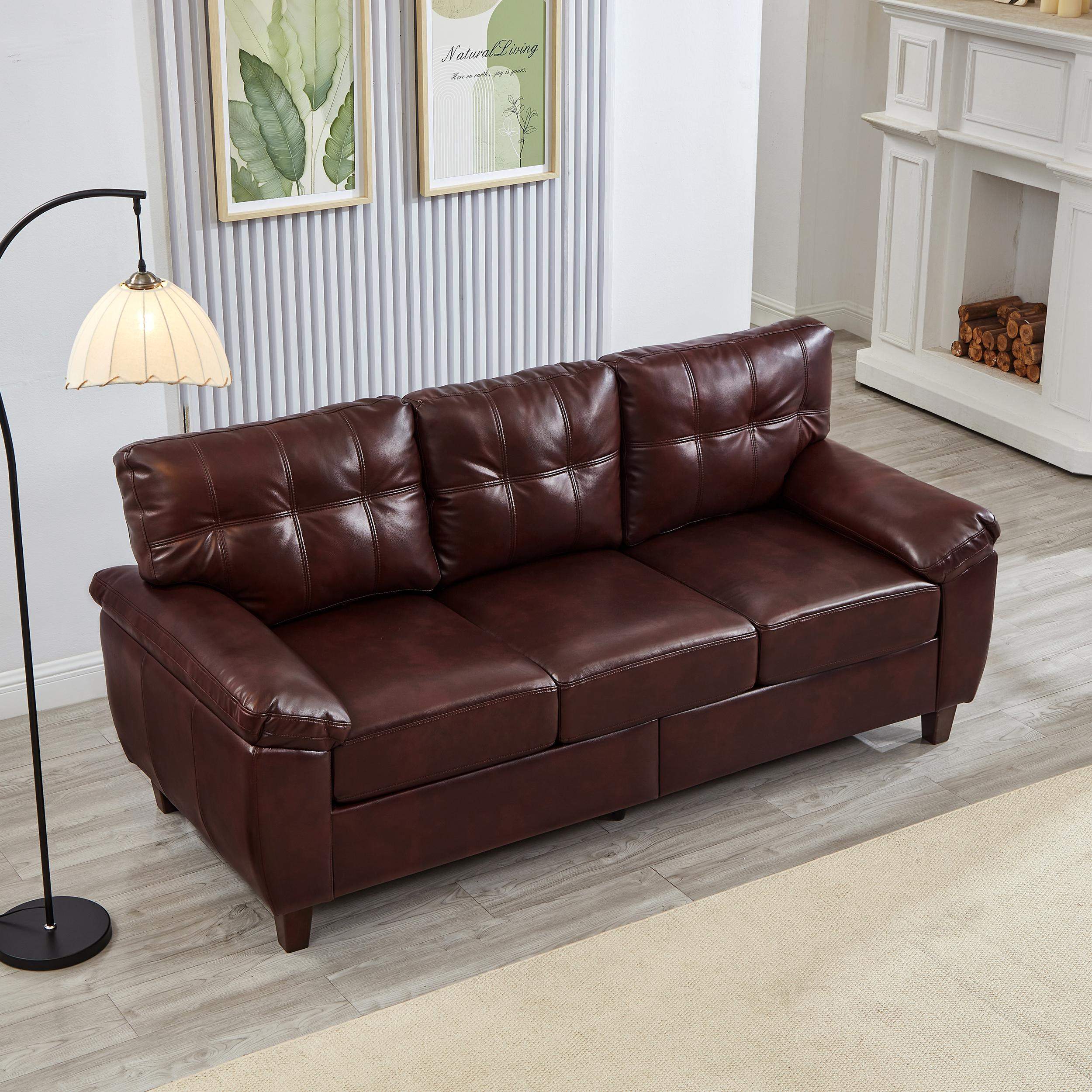 Back. Roomtec - 79 inch Three Seater Sofa Modern Design Faux Leather CouchLiving Room Sofa with StorageBig Armrest SofaUpholstered - Burgundy.