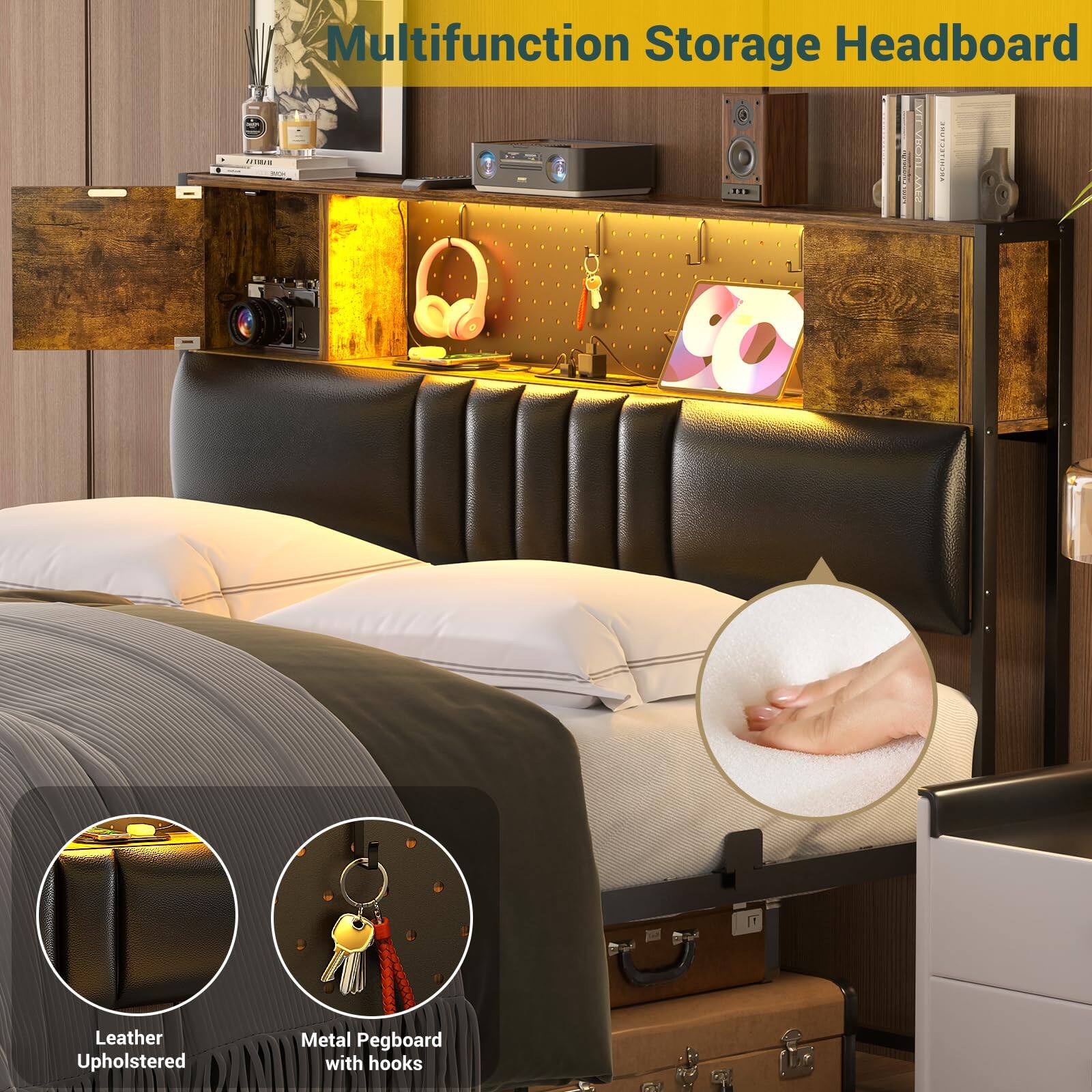 Multifunction Storage Headboard

- Leather Upholstered
- Metal Pegboard with hooks
