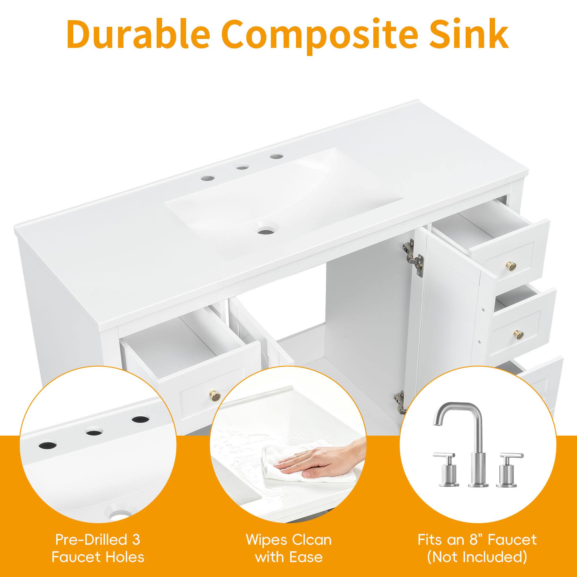 Durable Composite Sink  
Pre-Drilled 3 Faucet Holes  
Wipes Clean with Ease  
Fits an 8" Faucet (Not Included)