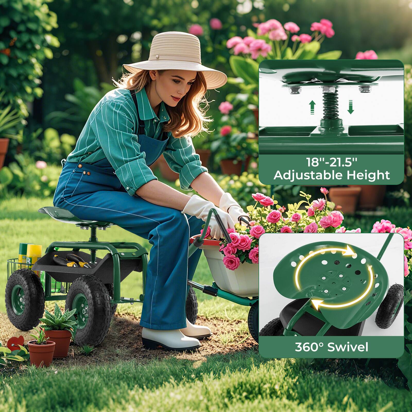 18"-21.5" Adjustable Height  
360° Swivel