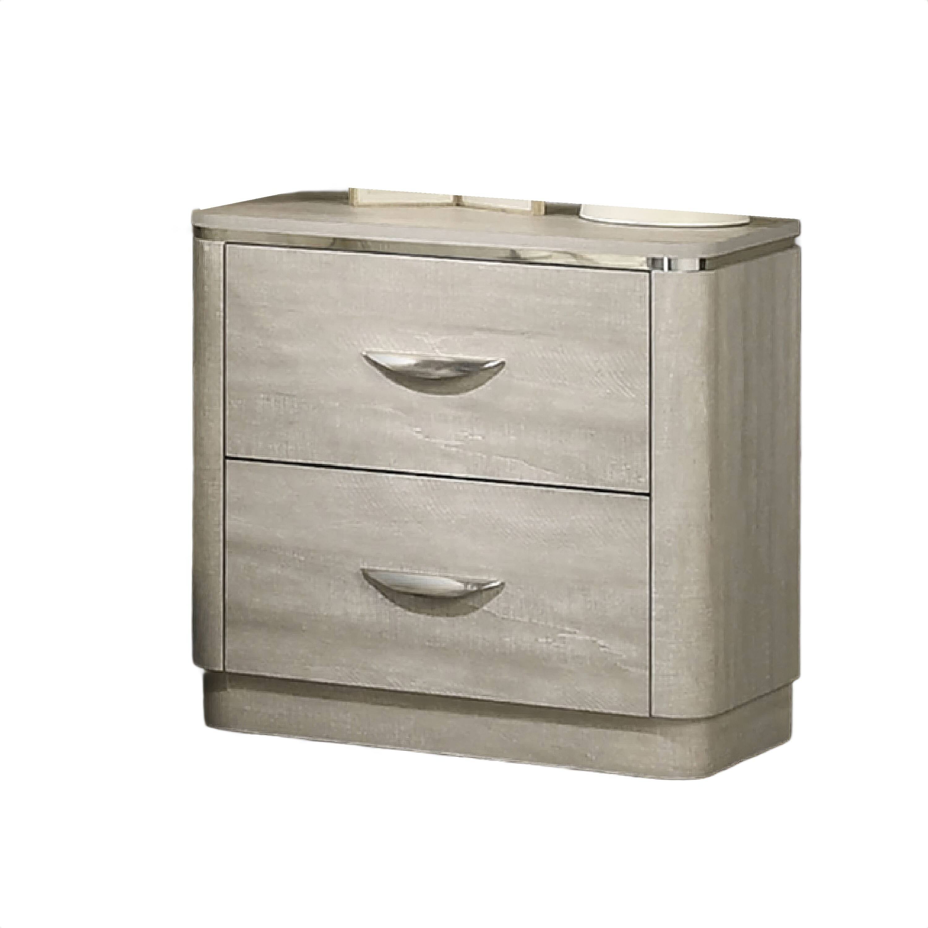 Front. Manhattan Lane - Fezi Nightstand, 2 Drawers, Steel Finger Pulls - Dusty Gray, Silver.
