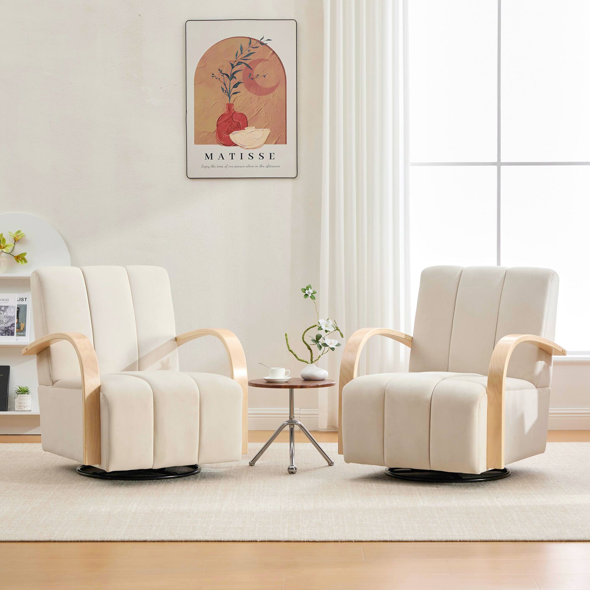 Back. APRILSOUL - 30W Modern Upholstered 360 Swivel Accent Chair Solid Wood Armrests Channel Tufted Hotel Living Room Beige - Beige.