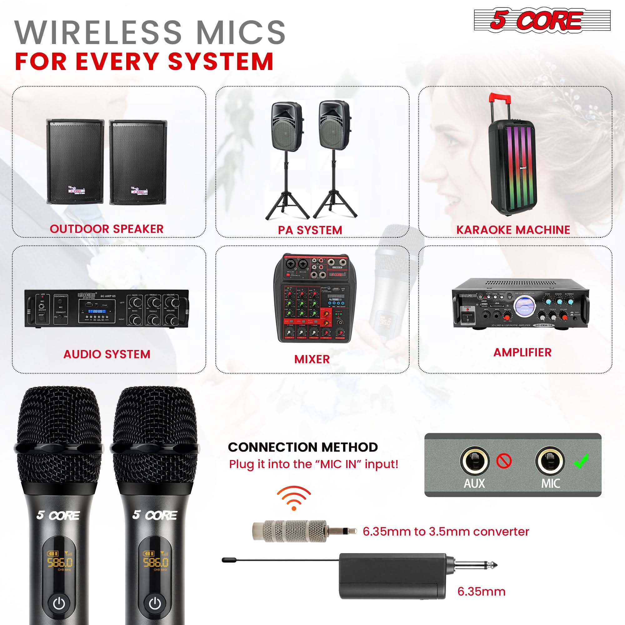 WIRELESS MICS FOR EVERY SYSTEM

5 CORE OUTDOOR SPEAKER
PA SYSTEM
KARAOKE MACHINE
AUDIO SYSTEM
MIXER
AMPLIFIER

Connection Method:
Plug it into the "MIC IN" input!

AUX MIC
5 CORE
6.35mm to 3.5mm converter

5 CORE
5 CORE
6.35mm