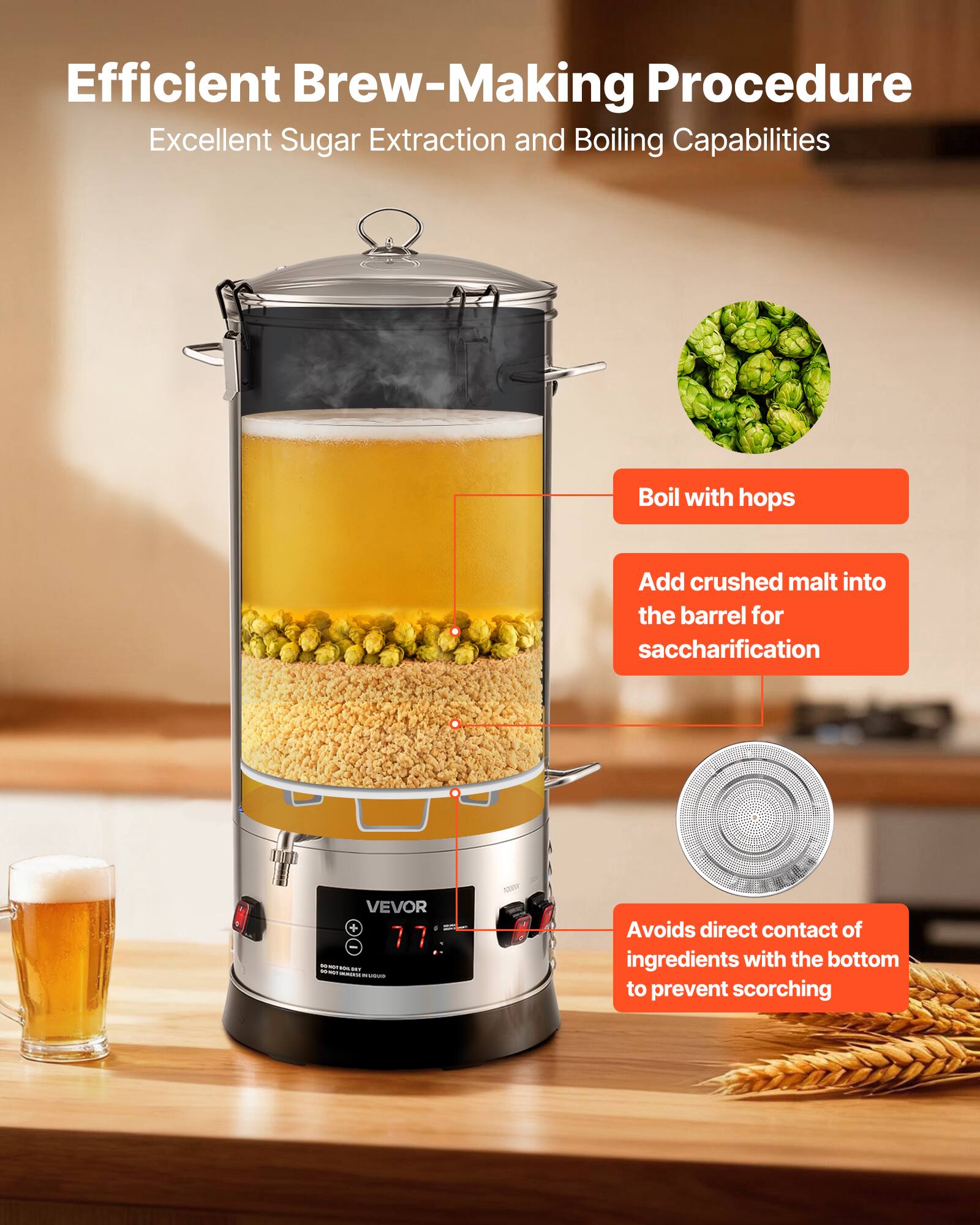 Efficient Brew-Making Procedure  
Excellent Sugar Extraction and Boiling Capabilities

- Boil with hops
- Add crushed malt into the barrel for saccharification
- Avoids direct contact of ingredients with the bottom to prevent scorching