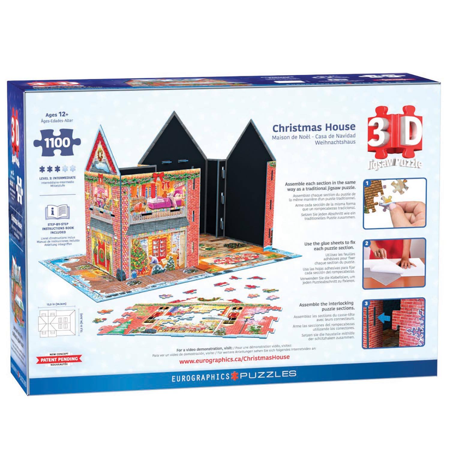 The image shows a box containing a Christmas House 3D puzzle. The puzzle is designed for ages 12+ and is an intermediate level puzzle. It includes step-by-step instructions in a booklet, which is also included in the box. The puzzle is assembled by connecting the interlocking puzzle sections, and it is designed to be put together in the same way as a traditional jigsaw puzzle. The box features a blue background with a Christmas House on it.