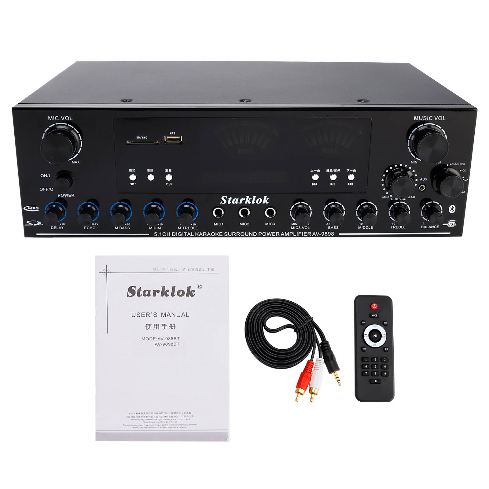 MIC VOL MUSIC VOL 1/200 a 11.00 TE MAR MIN -- - ONS OFF/O POWER . ** *. .. Starklok -. .... - -. AUN - AL SLB .. - A - .. DELAY WA ECHO 11 M.BASS - ... MID1 MIC2 MICS -- 1E a  DIM M TREBLE MILE VEE BASA 5 5.1CH DIGITAL KARAOKE SURROUND POWER AMPLIFIER .9898 .. MIDOLE -88 TREBE . BALANGE US   Starklok USER'S MANUAL -  MODE/AV.9RRRT AV-S898RT - . . .  . . . - .  ................ ....... .....