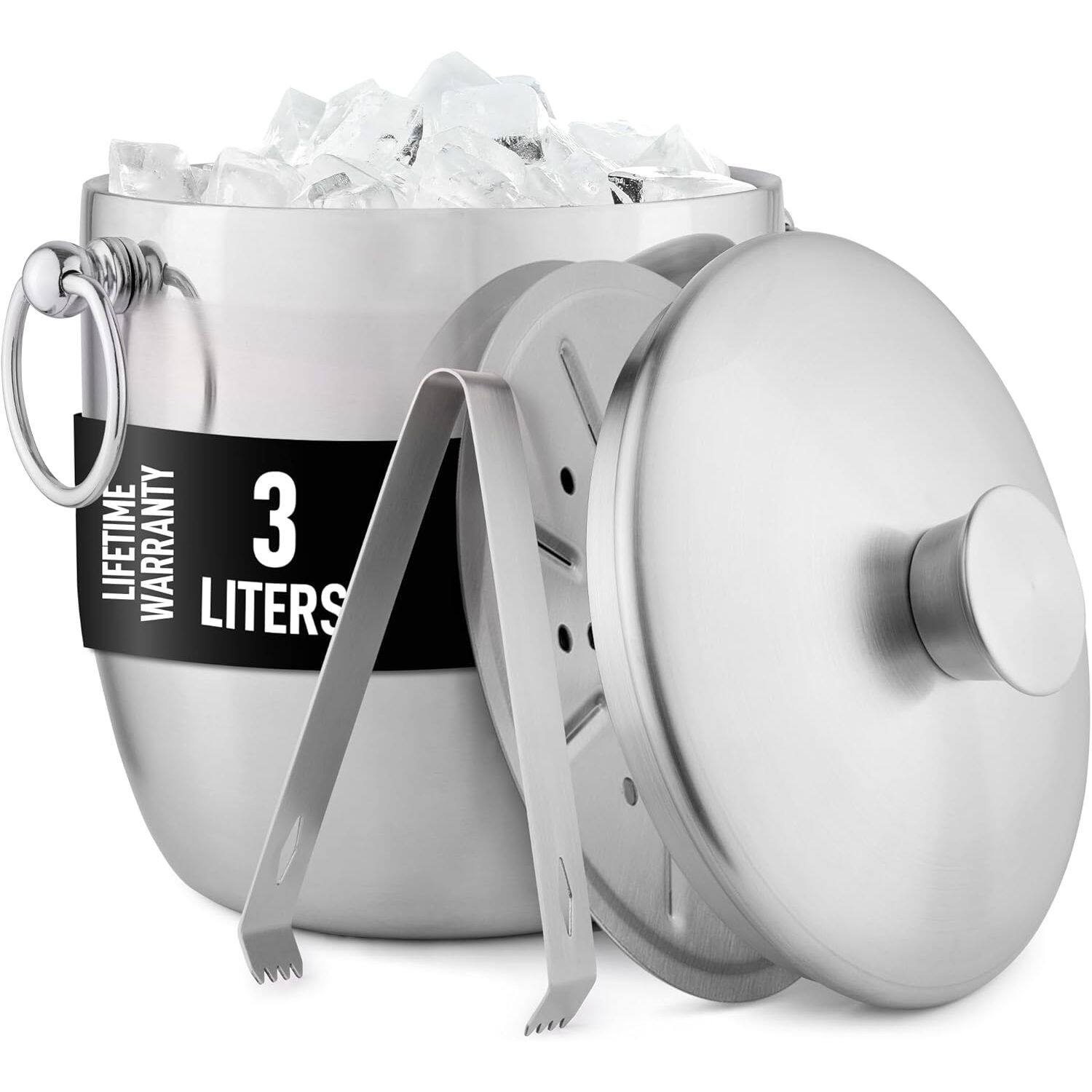 Zulay Kitchen - Premium Stainless Steel Double-wall Insulated Ice Bucket Kit - Silver