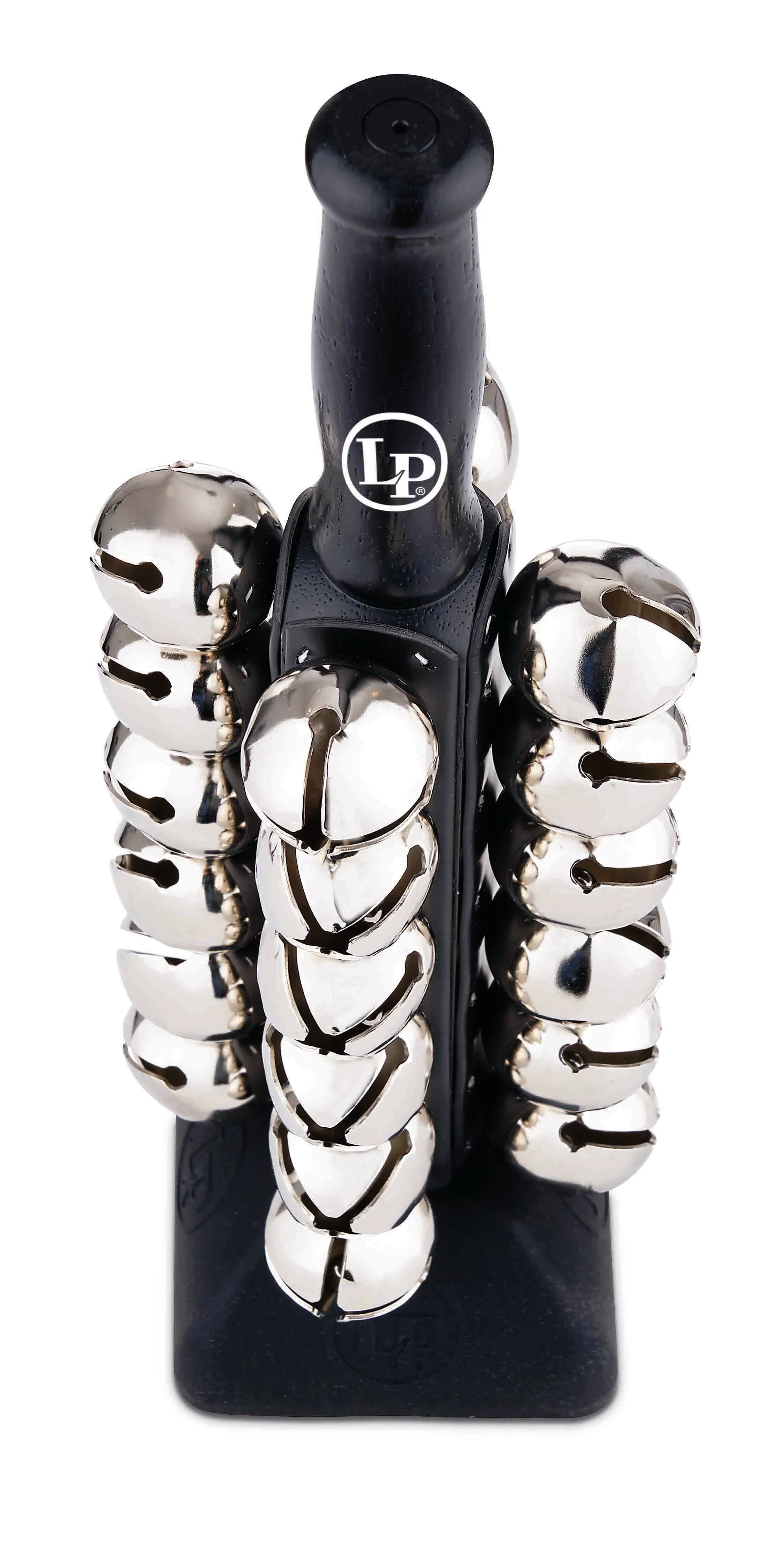 Back. Latin Percussion - 24 Sleigh Bells with Wood Handle and Silicone Base Percussion Instrument for Musical Performances and Holiday Sound.
