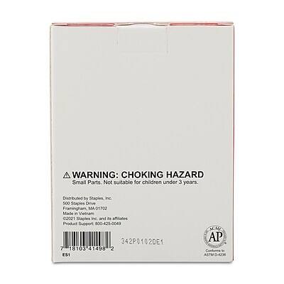 **WARNING: CHOKING HAZARD**  
Small Parts. Not suitable for children under 3 years.

Distributed by Staples, Inc  
500 Staples Drive  
Framingham, MA 01702

Made in Vietnam

©2021 Staples Inc and its affiliates  
Product Support: 800-425-0049

342P0102DE1

7 18103 41498 2

ES1

NCAU

AP  
Conforms to ASTM D-4235

E51