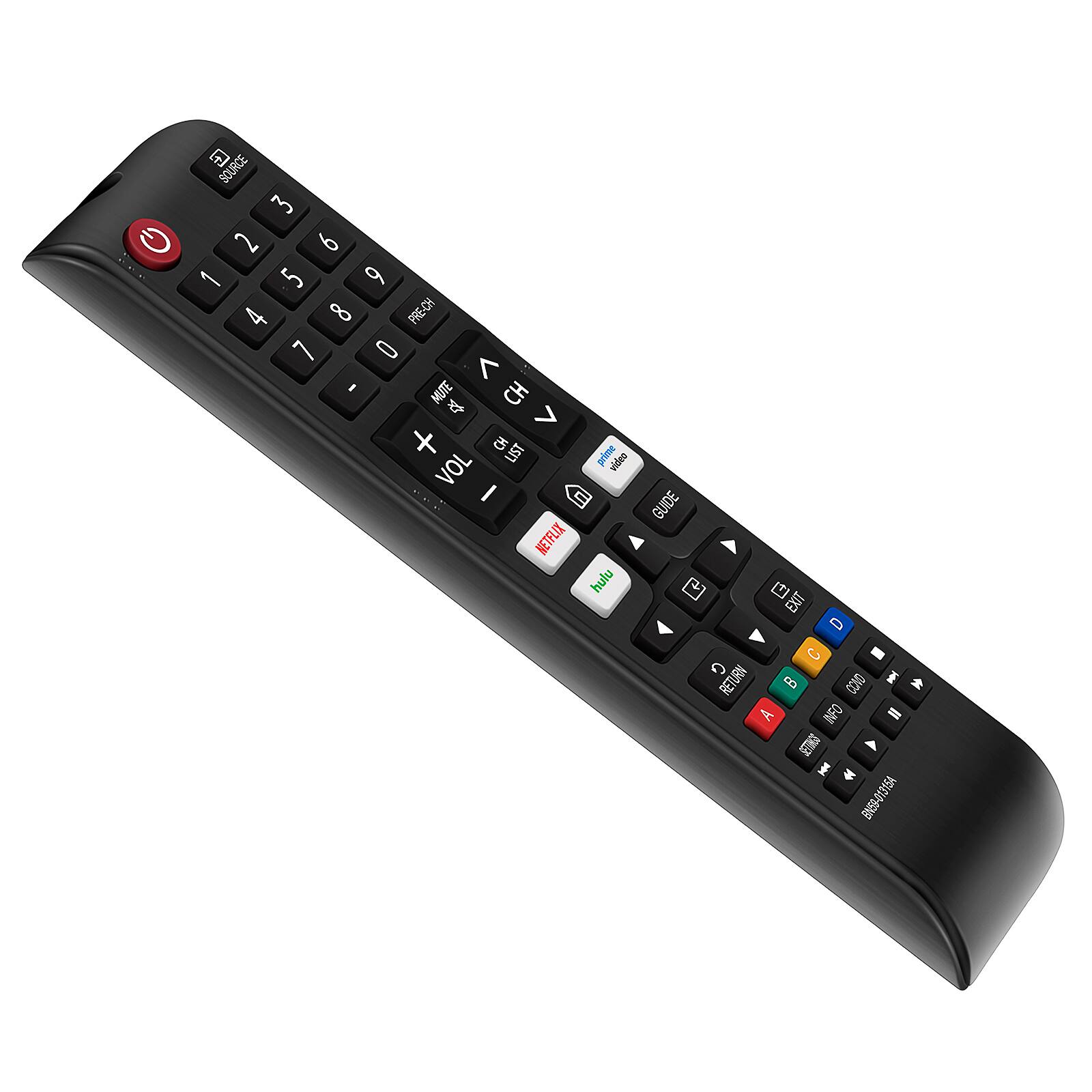 The text on the image appears to be a list of buttons and functions on a remote control. Here is the corrected and grouped version:

- Numbers: 1, 2, 3, 4, 5, 6, 7, 8, 9, 0
- Functions: 
  - SOURCE
  - PRE-CH
  - CH
  - VOL
  - METFLIX
  - HULU
  - GUIDE
  - EXIT
  - RETURN
  - INFO
  - BNE9-01315A

The image shows a remote control with various buttons, including numbers, navigation, and specific service buttons.
