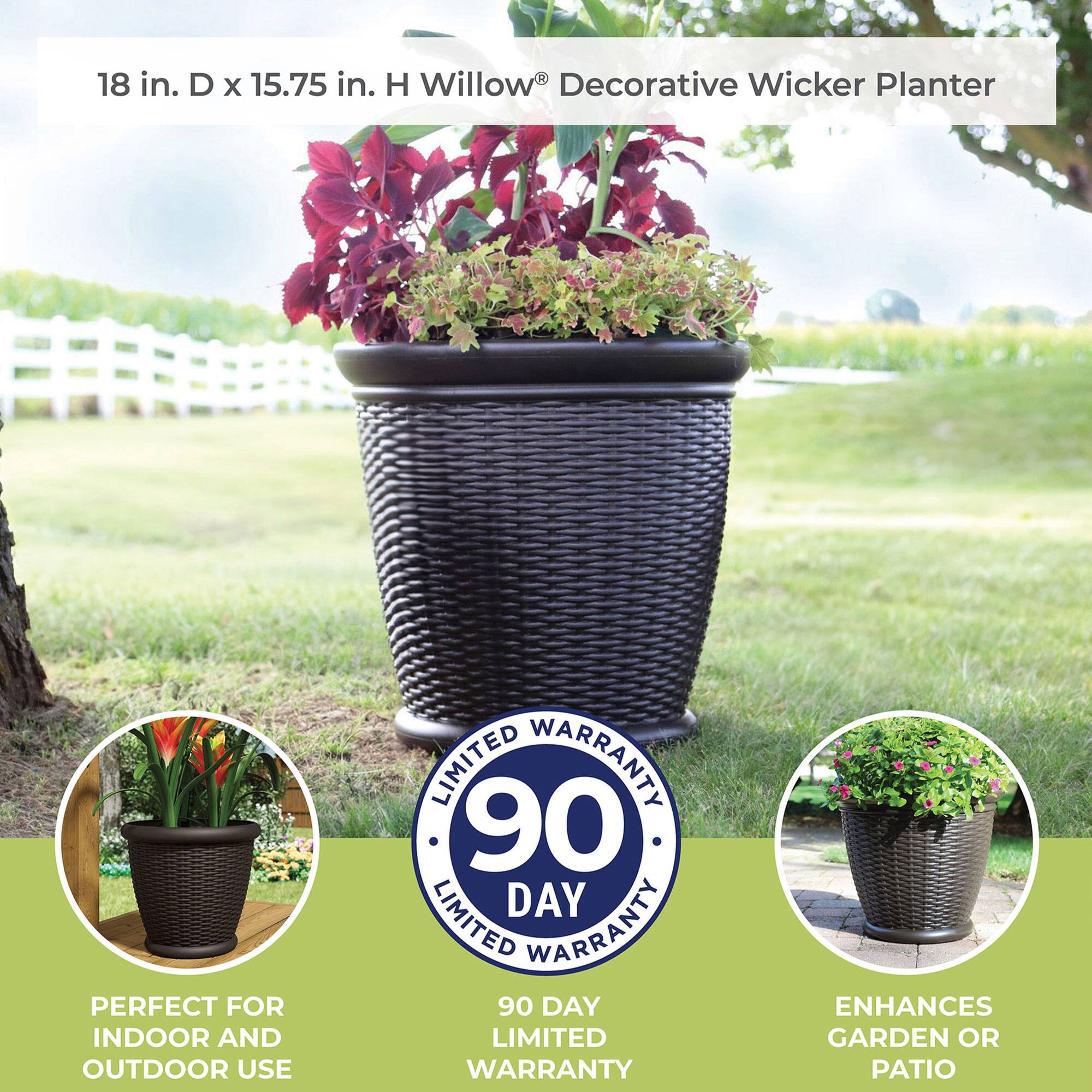 18 in. D x 15.75 in. H Willow® Decorative Wicker Planter

- Perfect for Indoor and Outdoor Use
- 90 Day Limited Warranty
- Enhances Garden or Patio
