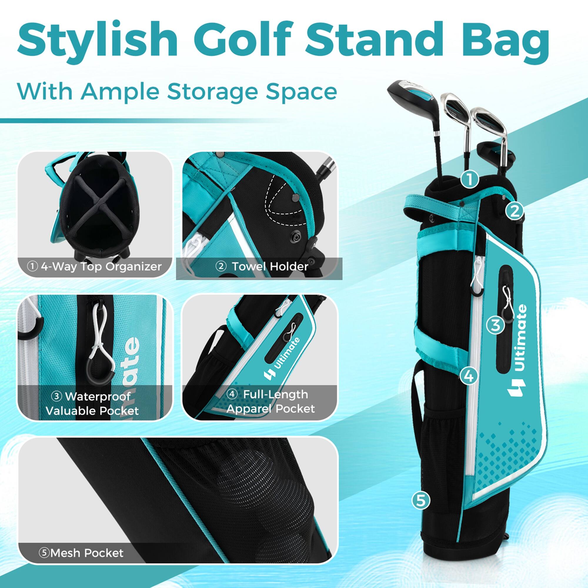Stylish Golf Stand Bag  
With Ample Storage Space  

1. 4-Way Top Organizer  
2. Towel Holder  
3. Waterproof Valuable Pocket  
4. Full-Length Apparel Pocket  
5. Mesh Pocket