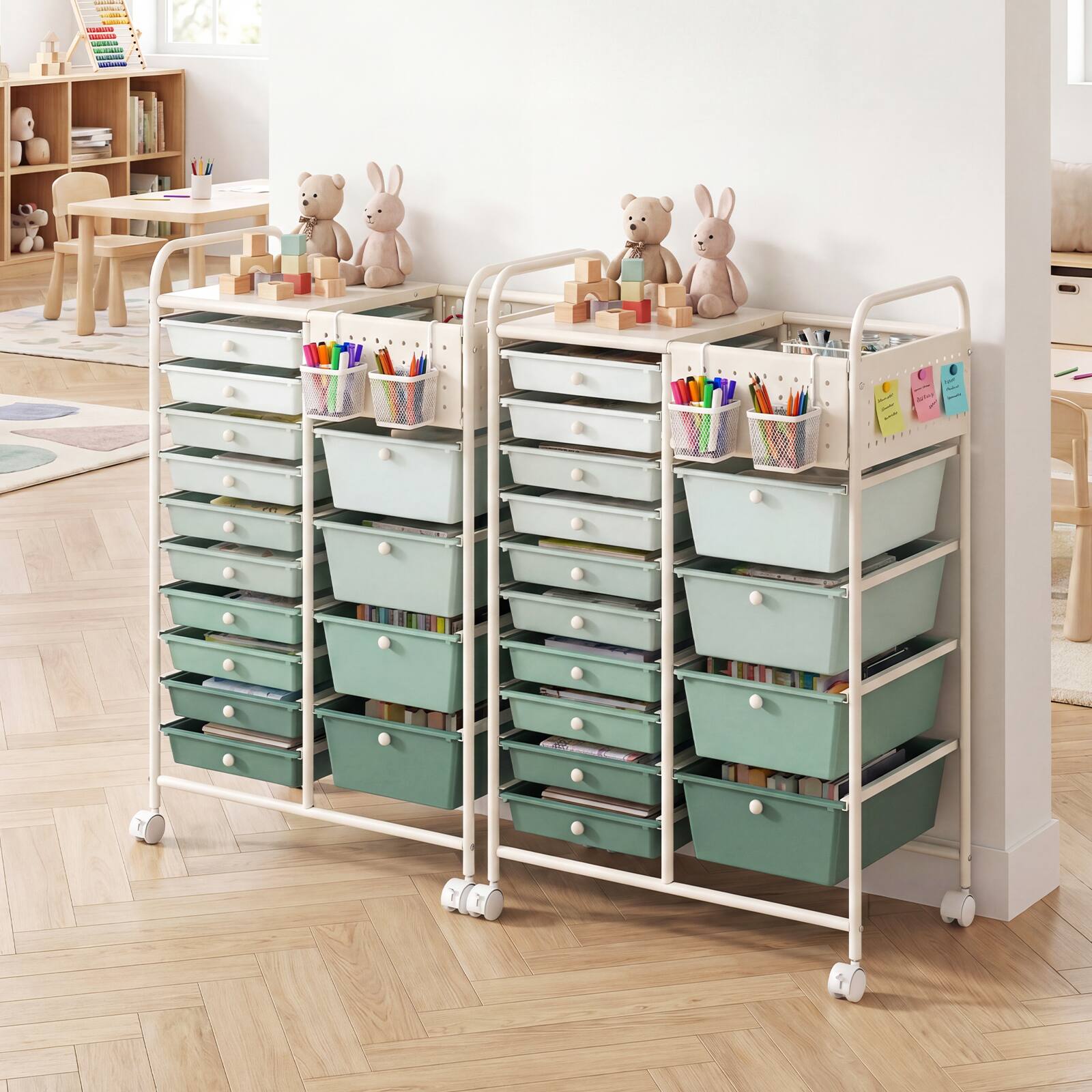 Alt View 3. Costway - Costway 14-Drawer Art & Craft Storage Carts with Pegboard, 2 Locking Brakes, Metal Frame for Home - Gradient Green+White.
