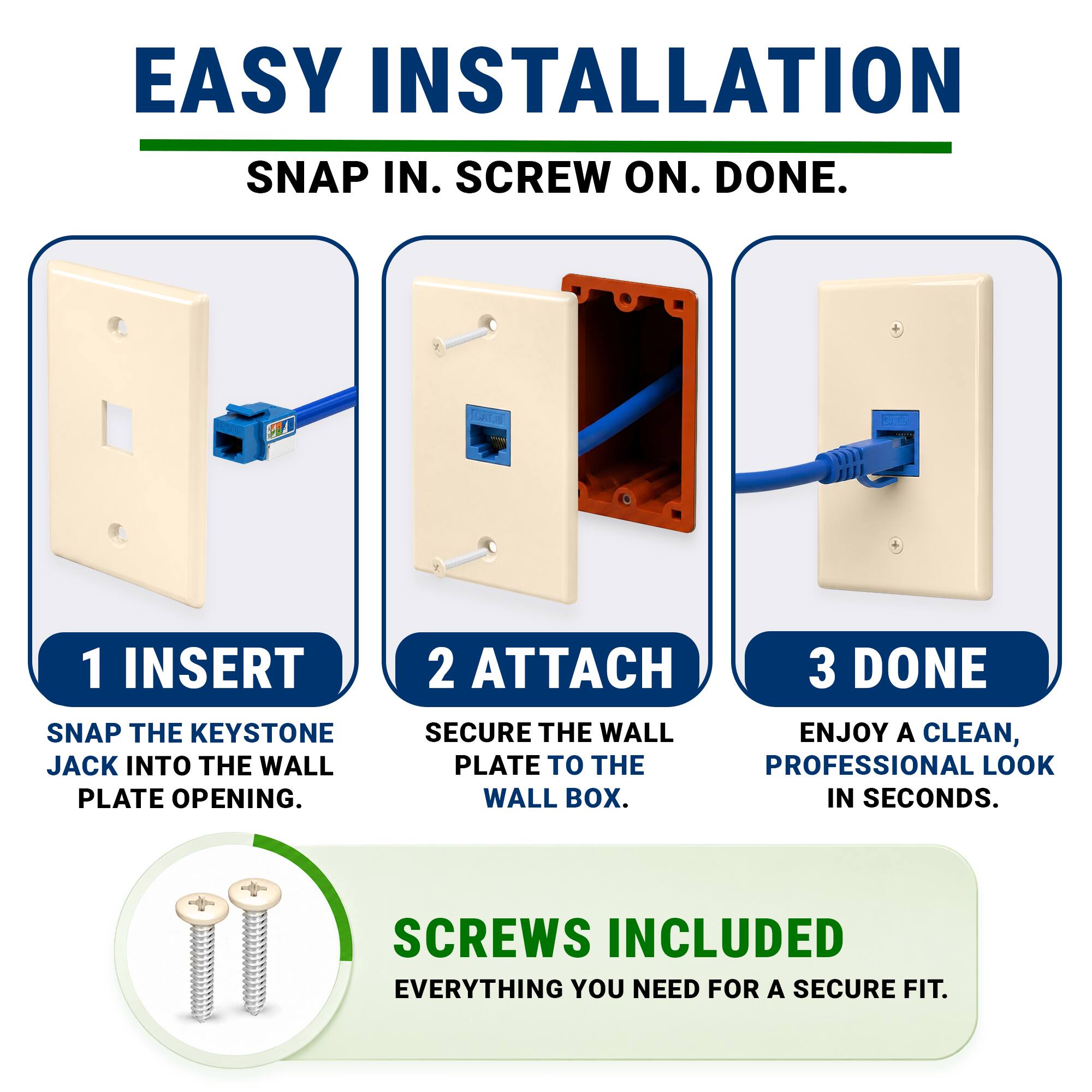 EASY INSTALLATION SNAP IN. SCREW ON. DONE.  
1 INSERT SNAP THE KEYSTONE JACK INTO THE WALL PLATE OPENING.  
2 ATTACH SECURE THE WALL PLATE TO THE WALL BOX.  
3 DONE ENJOY A CLEAN, PROFESSIONAL LOOK IN SECONDS.  
SCREWS INCLUDED EVERYTHING YOU NEED FOR A SECURE FIT.