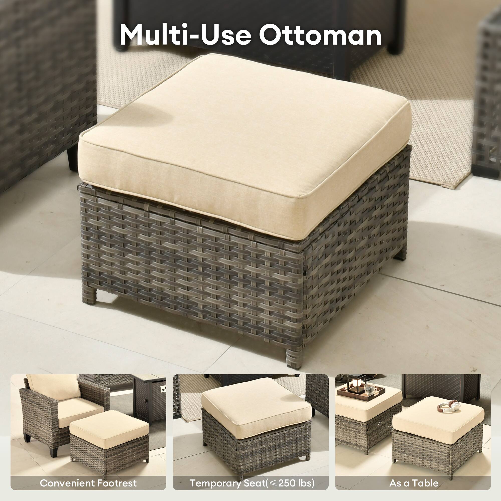 Multi-Use Ottoman

Convenient Footrest

Temporary Seat (≤ 250 lbs)

As a Table