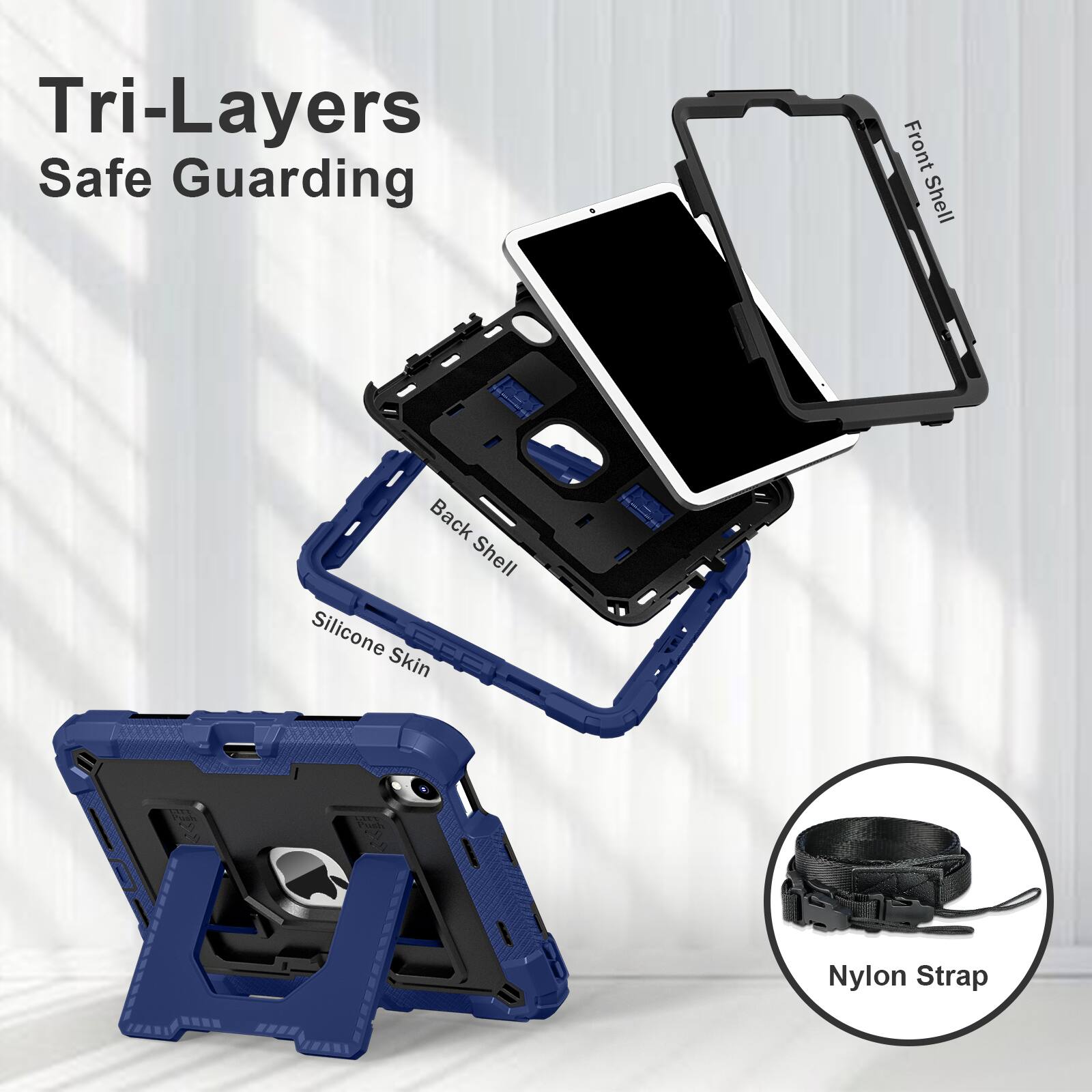 Tri-Layers Safe Guarding  
Front Shell  
Back Shell  
Silicone Skin  
Nylon Strap