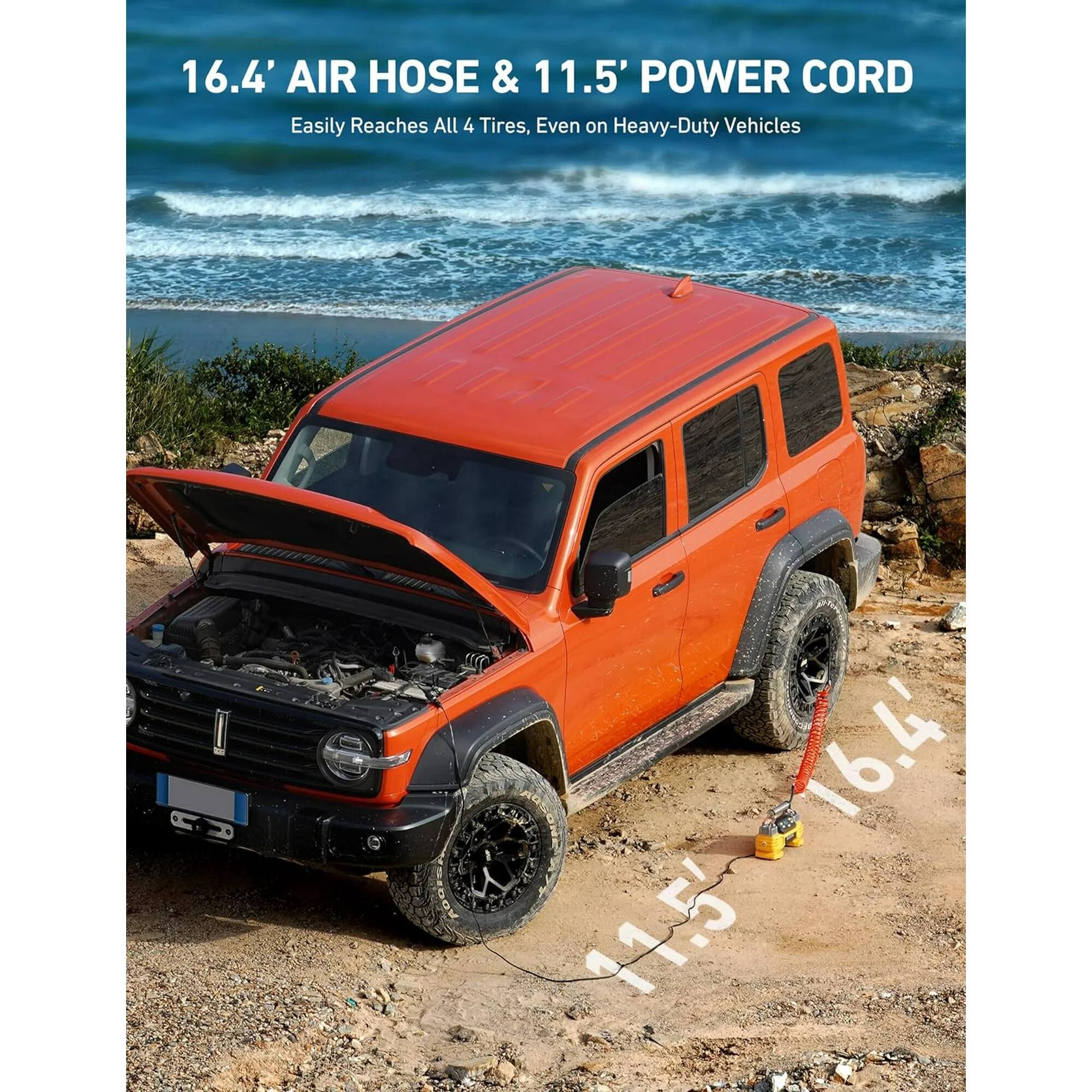 16.4' AIR HOSE & 11.5' POWER CORD  
Easily Reaches All 4 Tires, Even on Heavy-Duty Vehicles