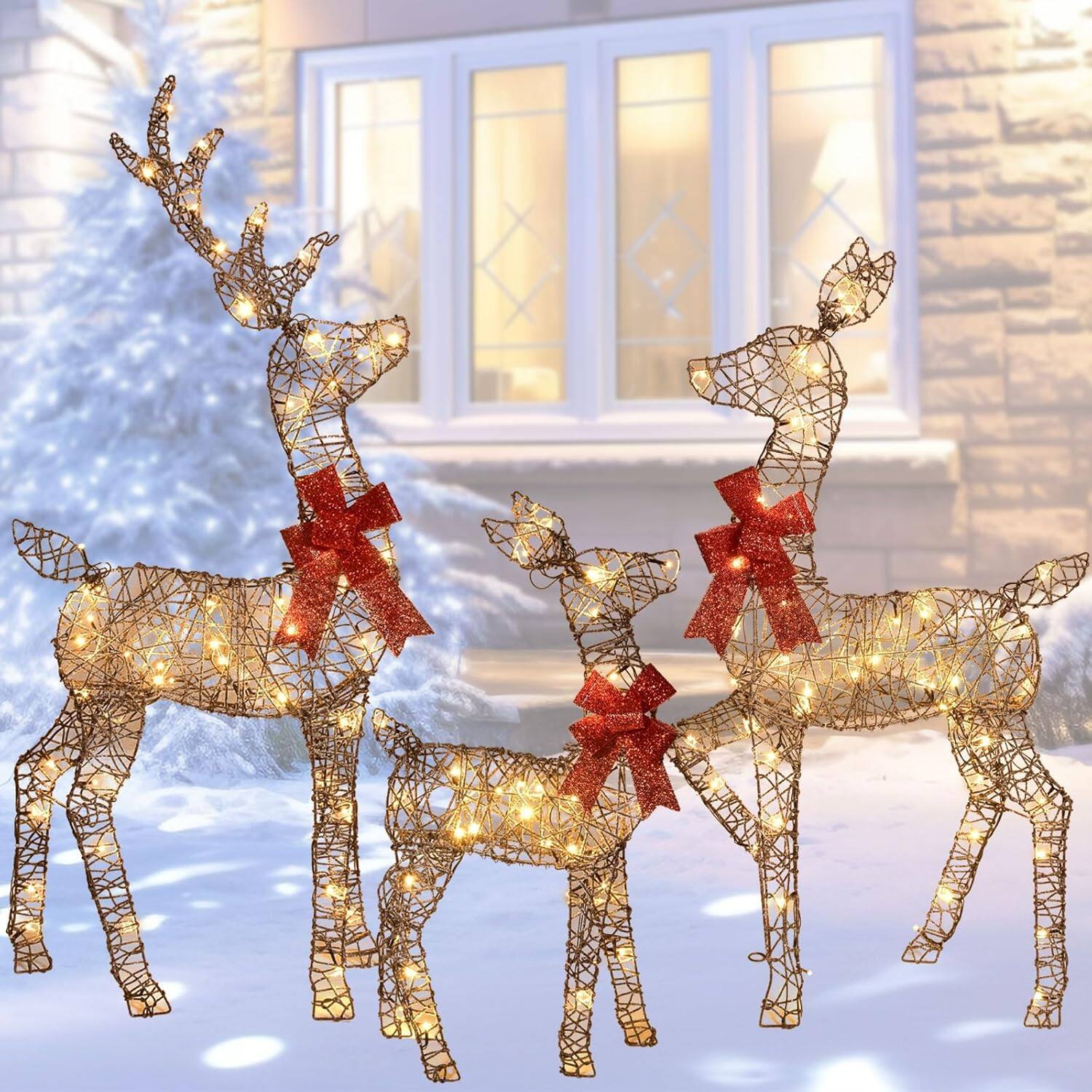Alt View 8. Wikistore - WIKISTORE 4ft Christmas Decorations Outdoor Lighted Reindeer 3-Piece 2D Family Set 145 LED Rattan.